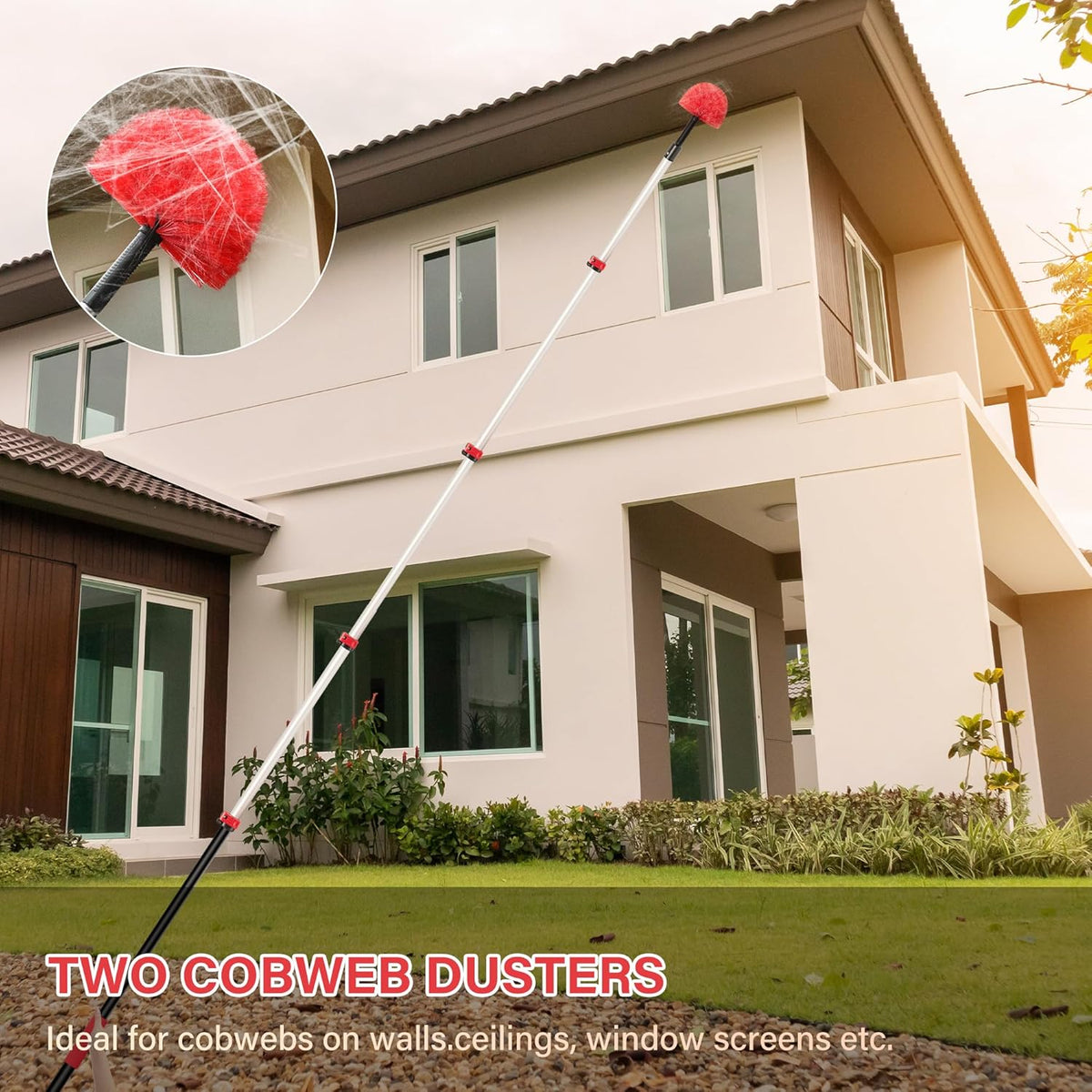 7-24 FT Extension Pole with 2 Outdoor Cobweb Brushes, 30 FT High Reach Ceiling Fan Cleaner Duster