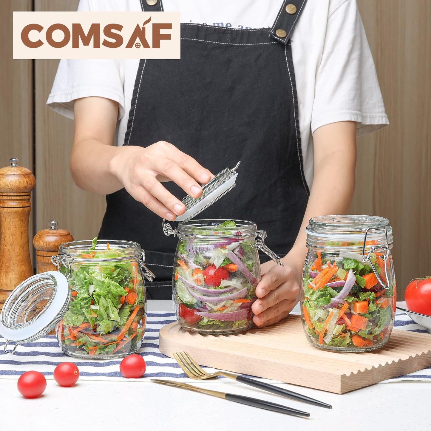 ComSaf 25oz Airtight Glass Canisters with Lids Set of 6, Round Food Storage Jar Container with