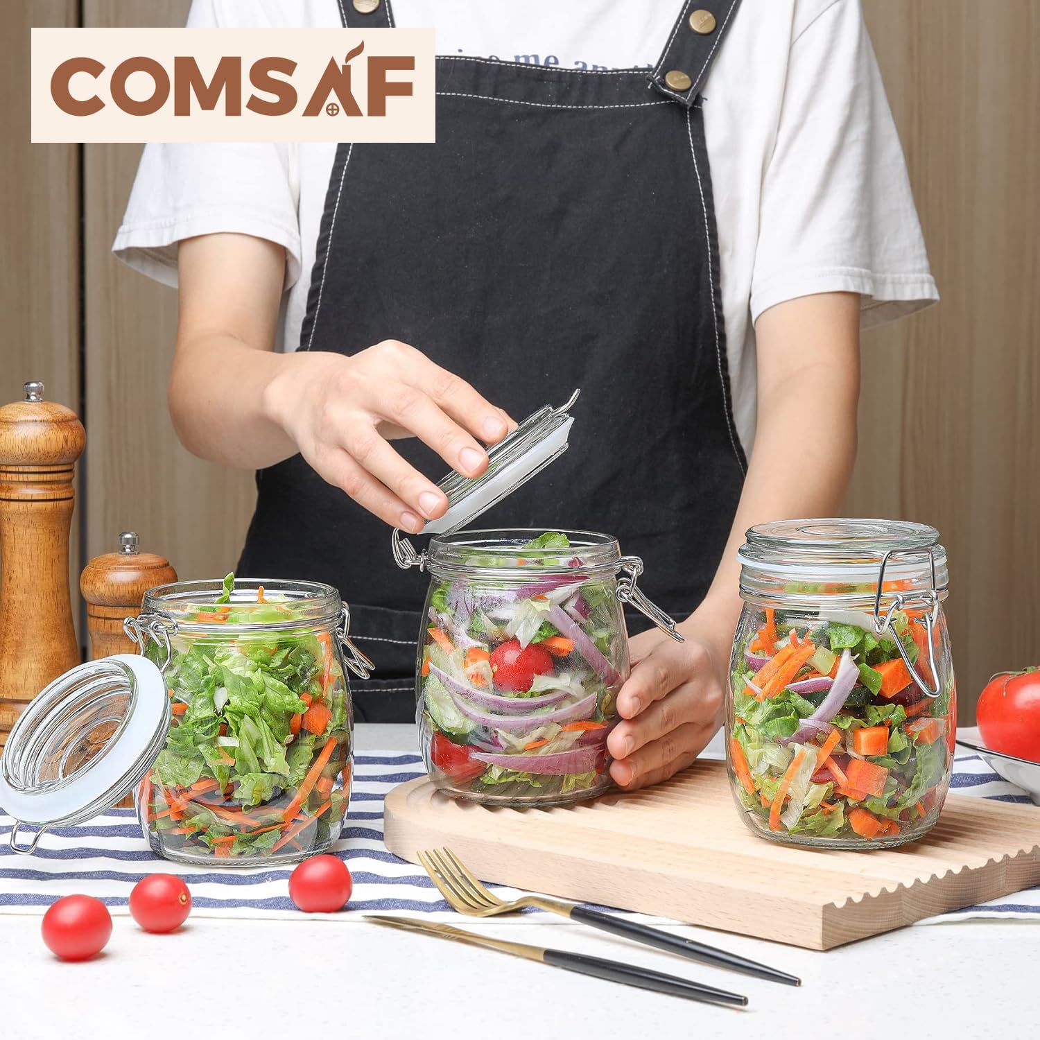 ComSaf 25oz Airtight Glass Canisters with Lids Set of 6, Round Food Storage Jar Container with