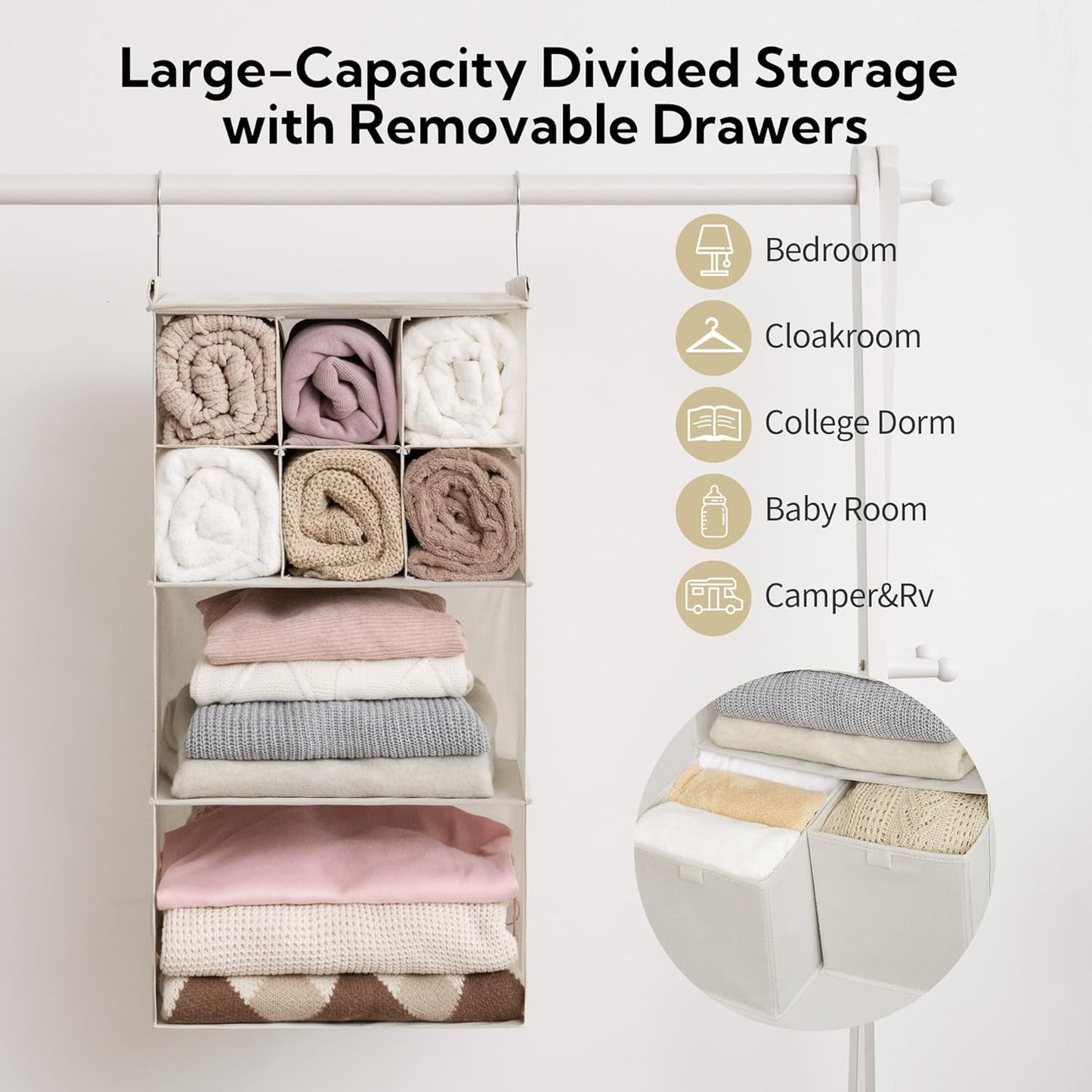 GRANNY SAYS Hanging Closet Organizer with Drawers, 4 Shelf Dividers Closet Hanging Organizer