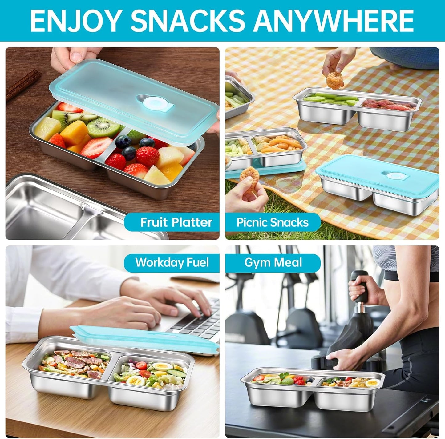 4 Pack Stainless Steel Snack Containers Reusable, Grab and Go 2 Compartment Food Storage Containers