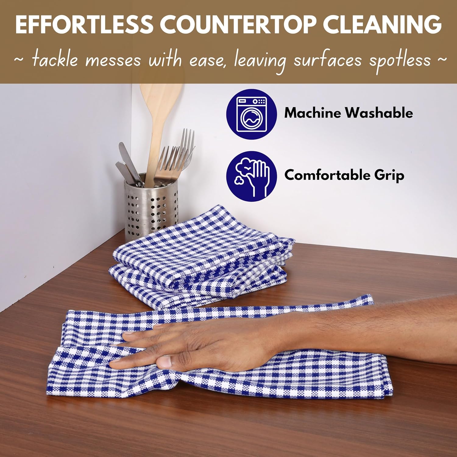 Native Fab 6 Pack Gingham Mini Check Kitchen Hand Towels Set 16"x26" - 100% Cotton Absorbent
