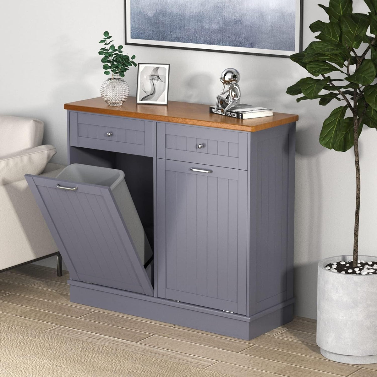 Betterhood Tilt Out Trash Cabinet 10 Gallon Wooden Free Standing Laundry Sorter Cabinet,Recycling