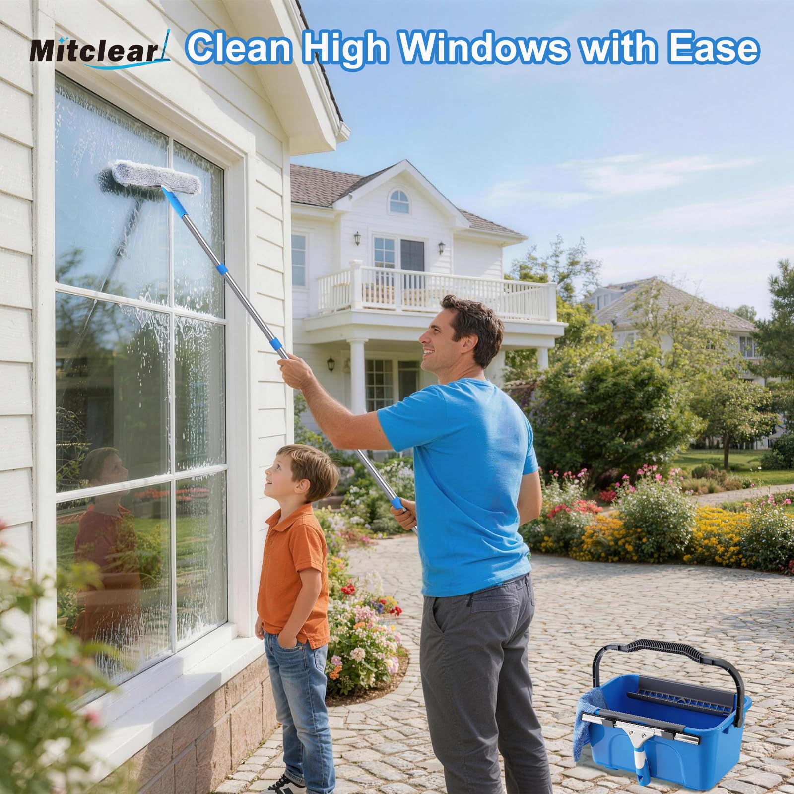 Mitclear Window Cleaning Kit 77'' Long Handle with Bucket for Home Outdoor