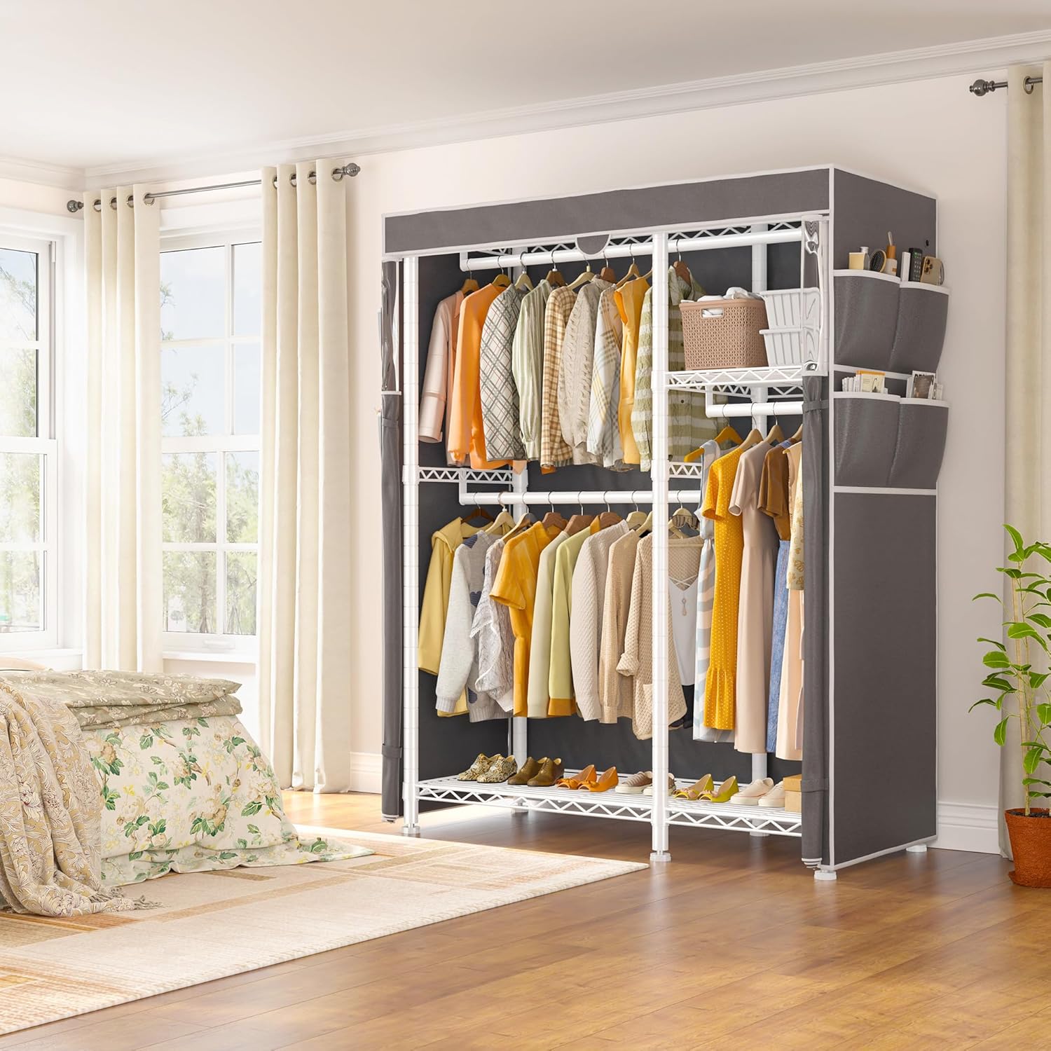 Raybee Clothes Rack with Cover,Clothing Racks for Hanging Clothes with Wheels and Adjustable