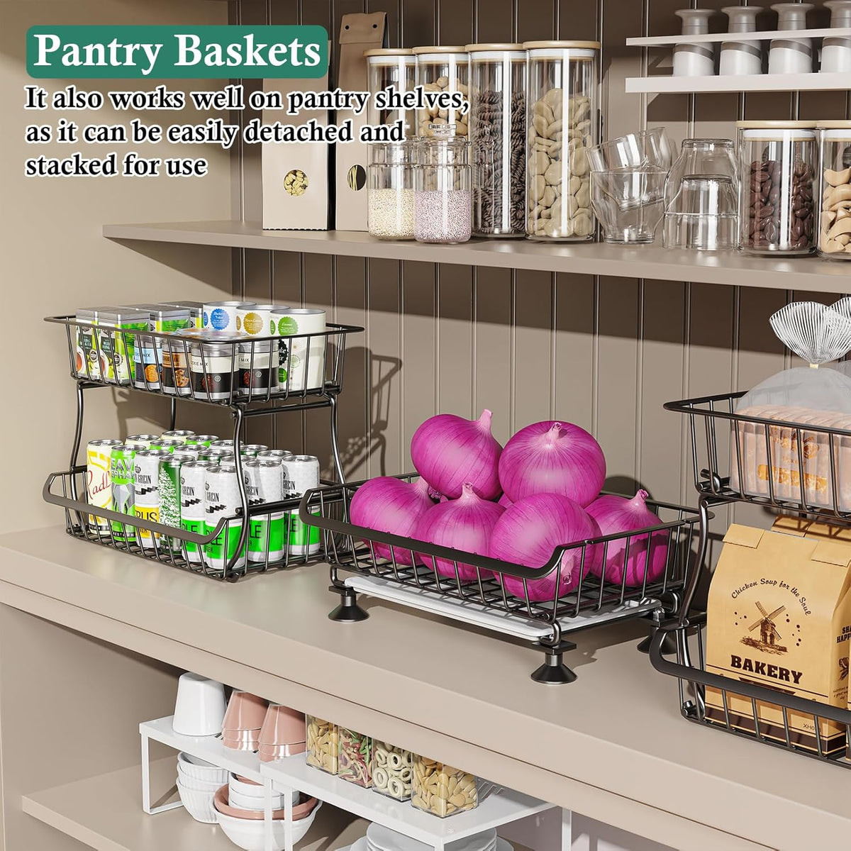 3-Tier Rolling Pantry Floor Organizer and Storage Cart with Wheels, Stackable Wire Pantry Baskets