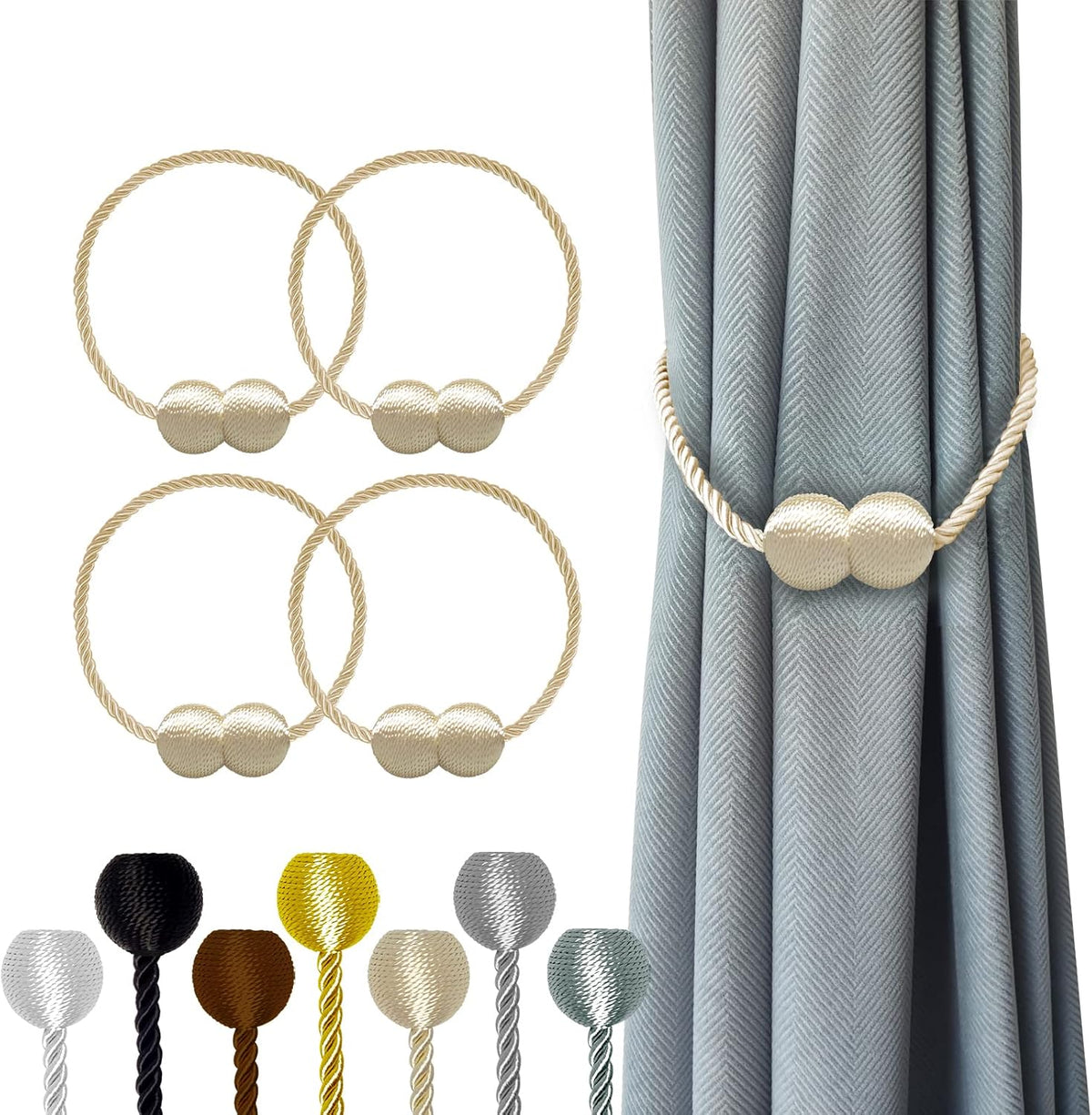 Hion Magnetic Curtain Tiebacks Beige 4 Pack, Curtain Tiebacks Buckles Holdbacks Holders Hooks Clip