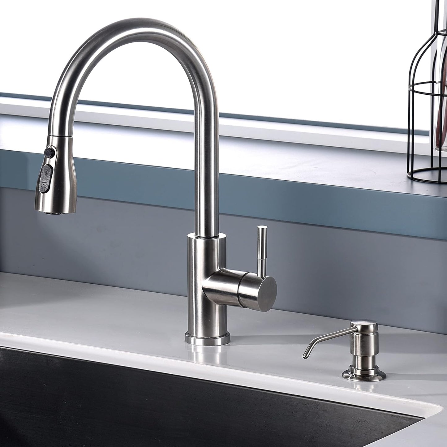 GAGALIFE Soap Dispenser for Kitchen Sink (Brushed Nickel) and Extension Tube Kit, Complete Brass