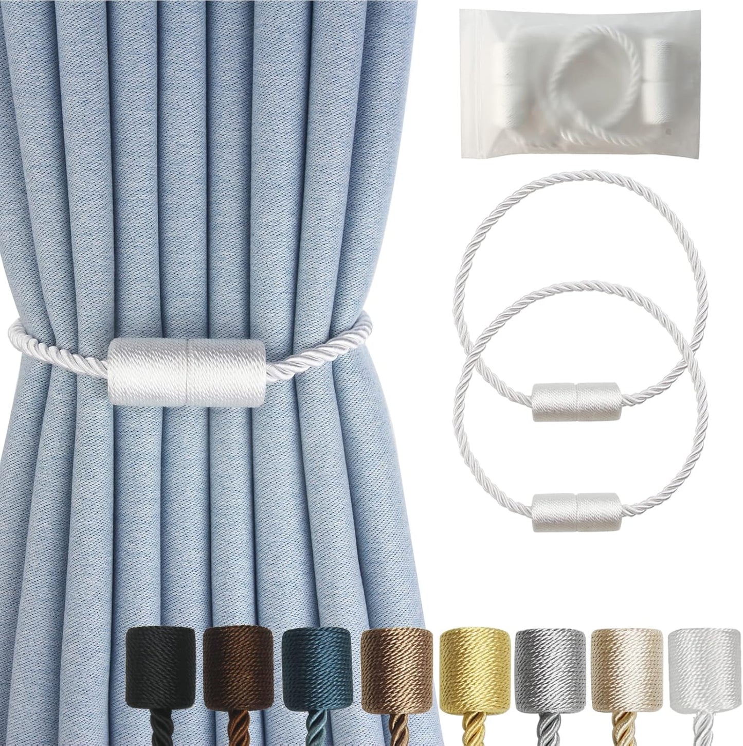 Magnetic Curtain Tiebacks 2 Pack White Rope Tieback Curtains Holders for Drapes Modern Tie Backs