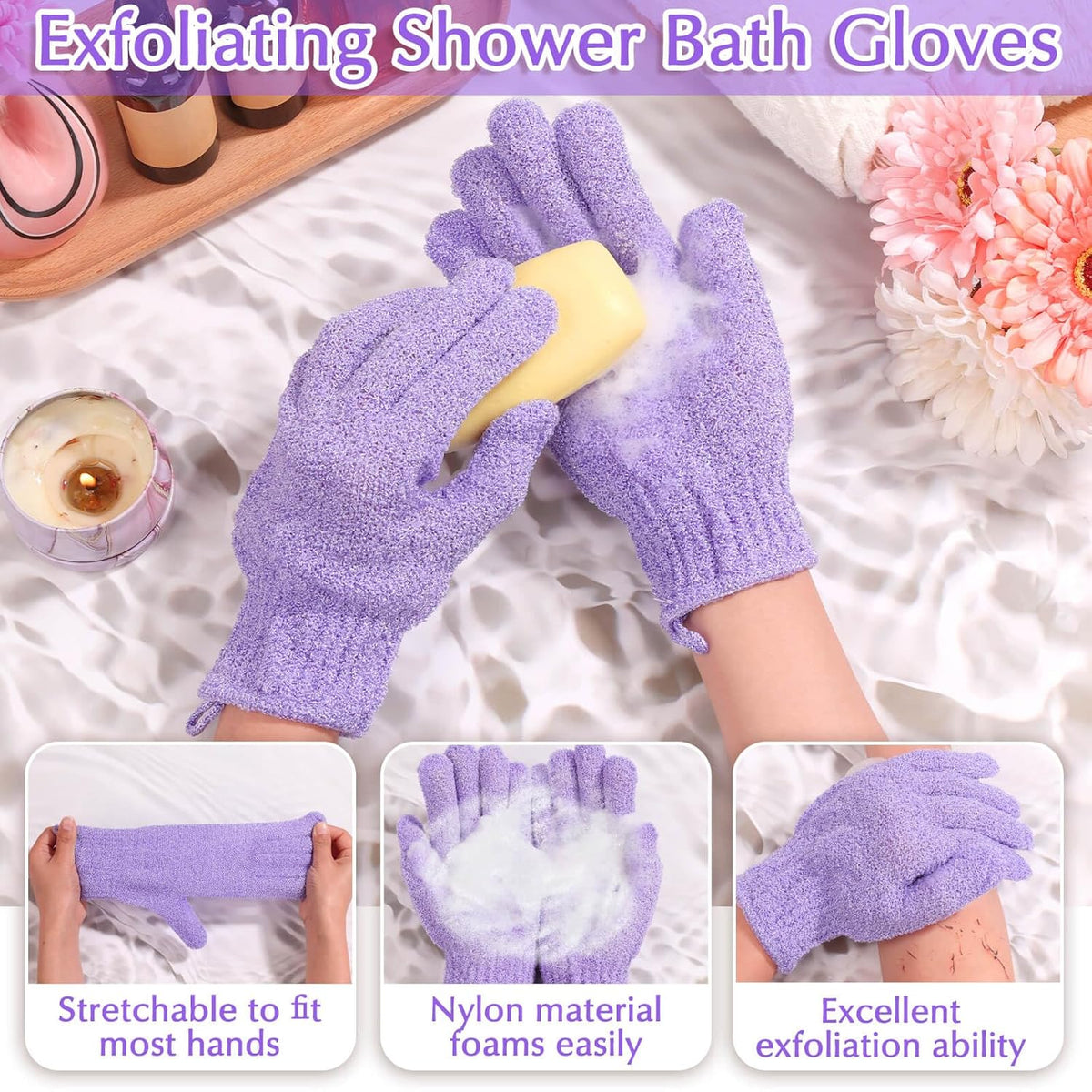 Anezus Exfoliating Back Scrubber Bath Gloves Set, Exfoliating Shower Towel with Shower Gloves for