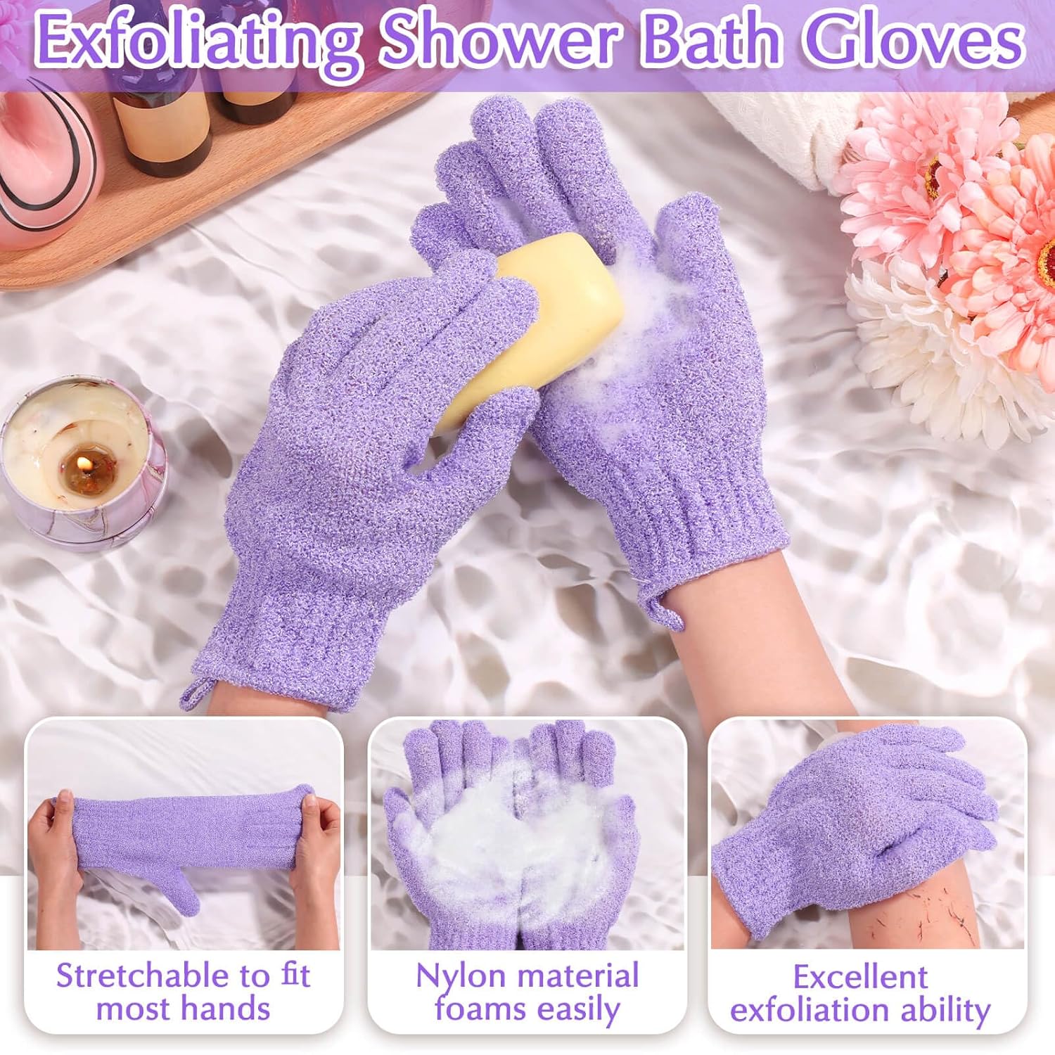 Anezus Exfoliating Back Scrubber Bath Gloves Set, Exfoliating Shower Towel with Shower Gloves for