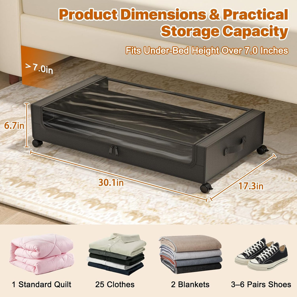 Under Bed Storage with Wheels,XXL 60L Under Bed Storage Containers with Clear Lids, Rolling Under