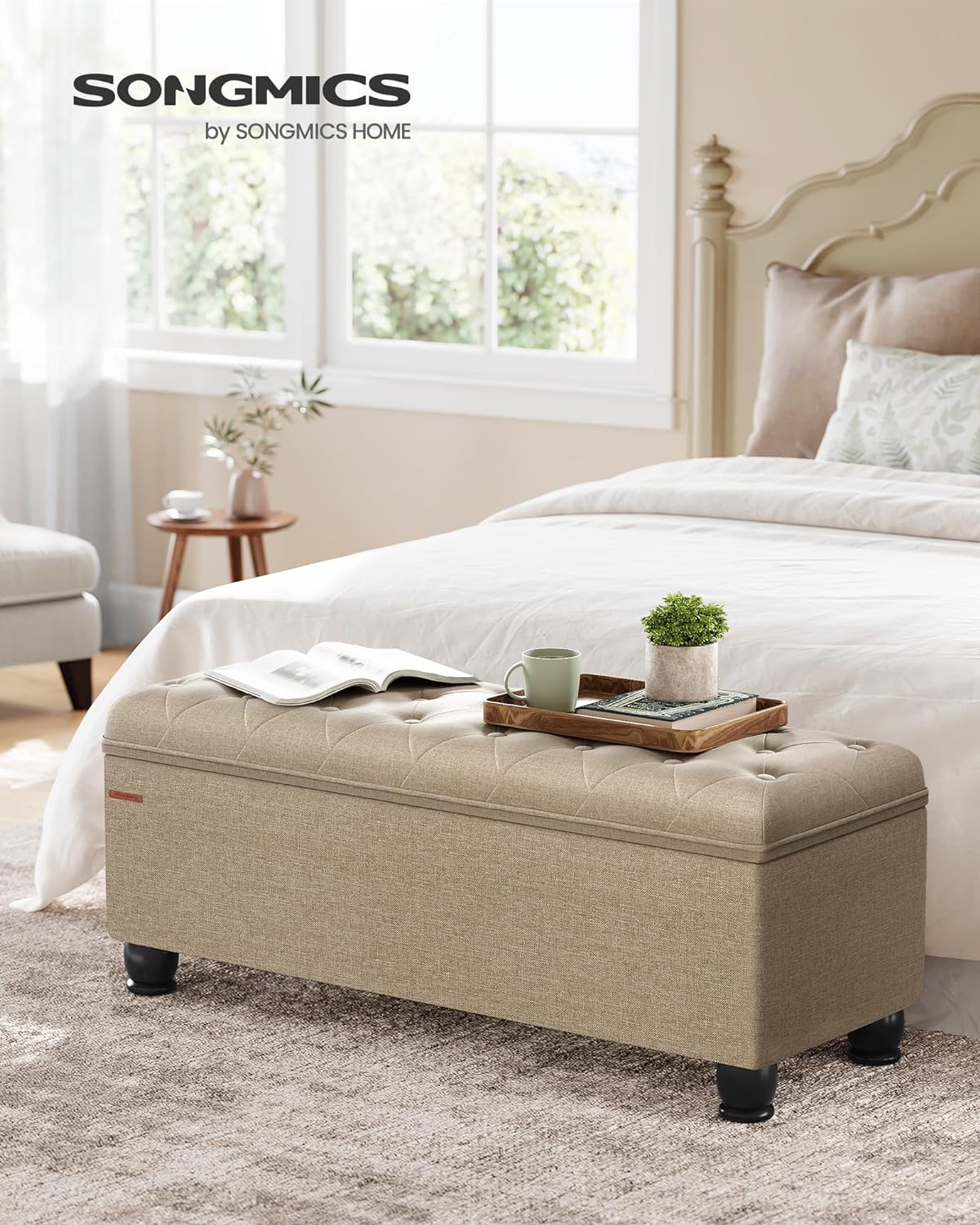 SONGMICS Storage Ottoman, Storage Bench, Tufted Entryway Bedroom Bench, 17.7 x 46.5 x 17.7 Inches