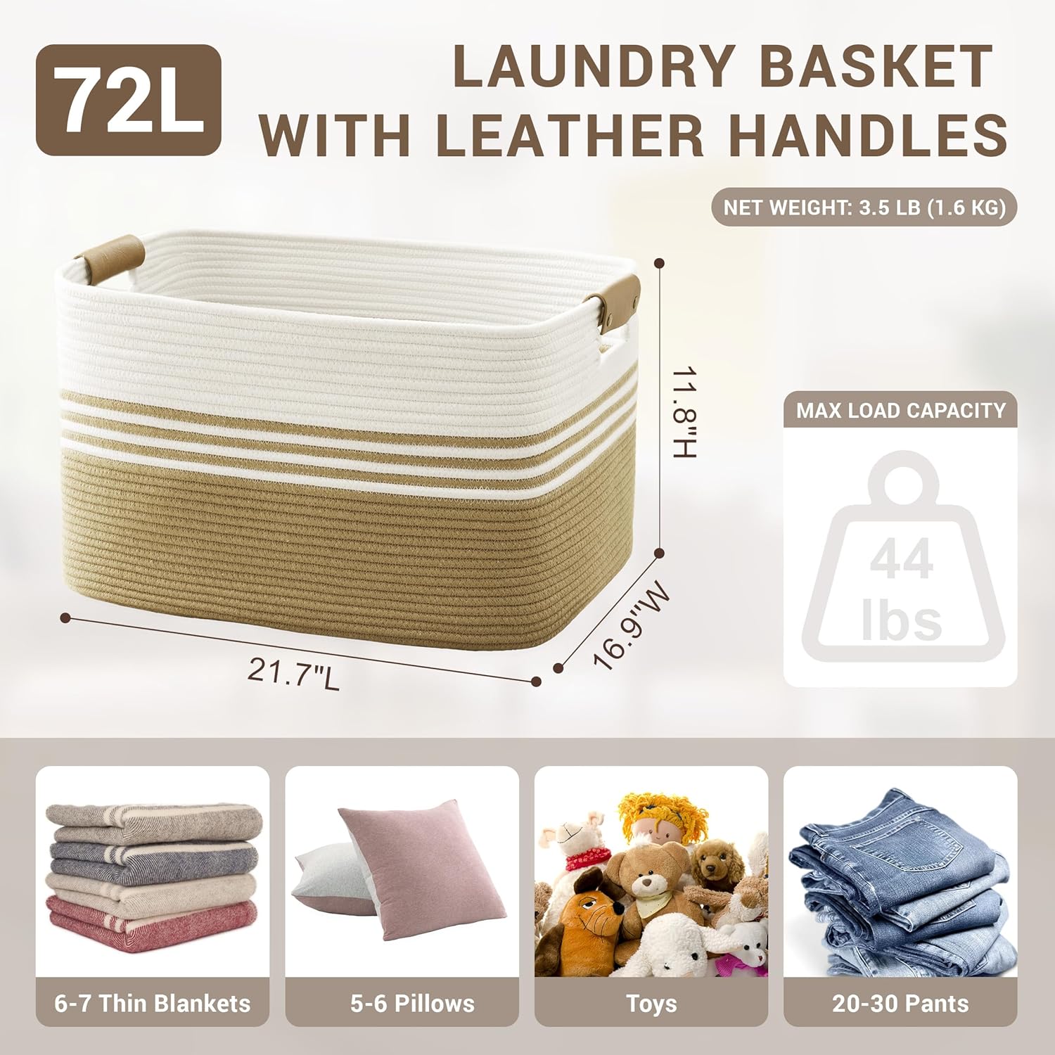 72L Large Laundry Basket with Leather Handles for Living Room Storage, Woven Rope Baskets Bin for