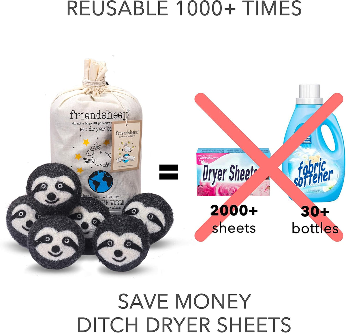 Friendsheep Wool Dryer Balls 6 Pack XL Organic Premium Reusable Cruelty Free Handmade Fair Trade No