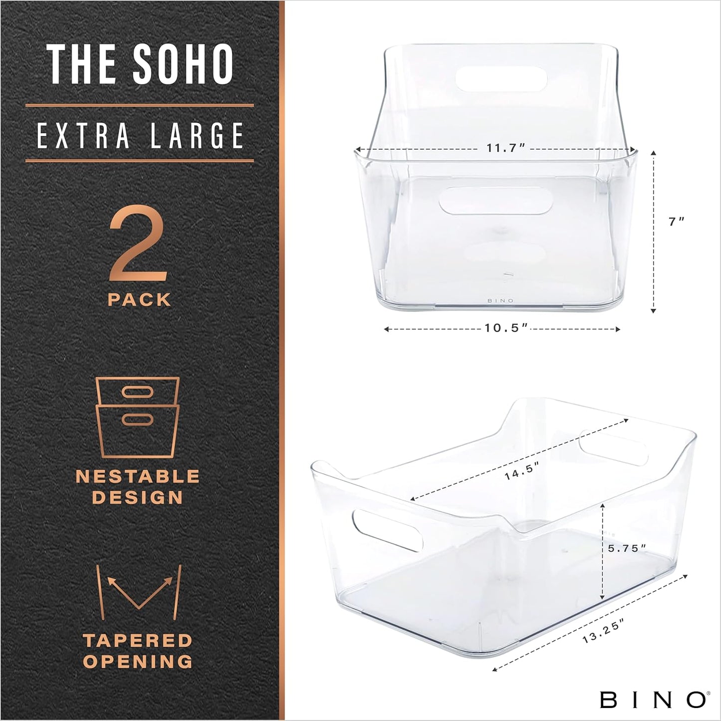 BINO | Plastic Storage Bins, X-Large - 2 Pack, Clear | THE SOHO COLLECTION | Pantry Organizers and