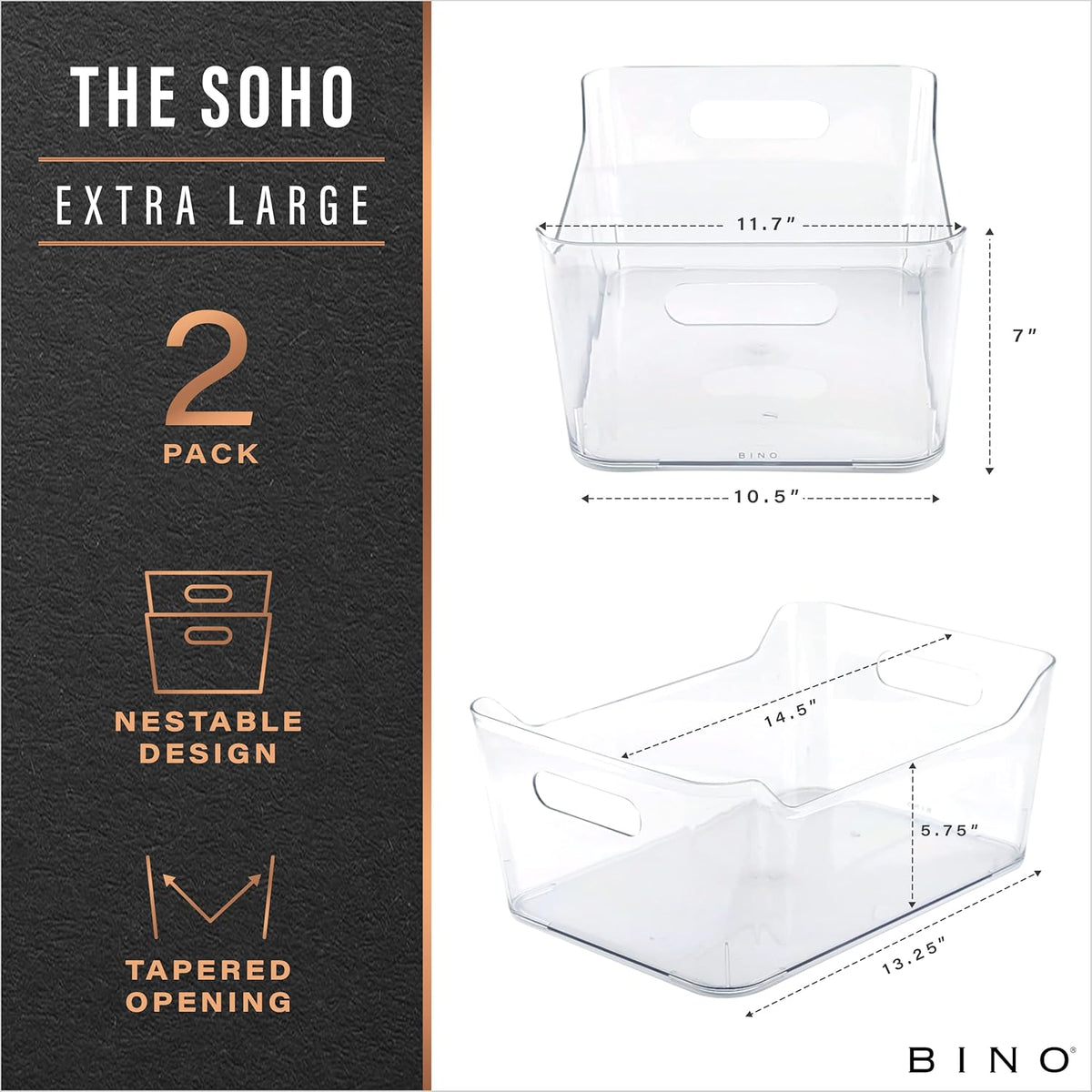 BINO | Plastic Storage Bins, X-Large - 2 Pack, Clear | THE SOHO COLLECTION | Pantry Organizers and