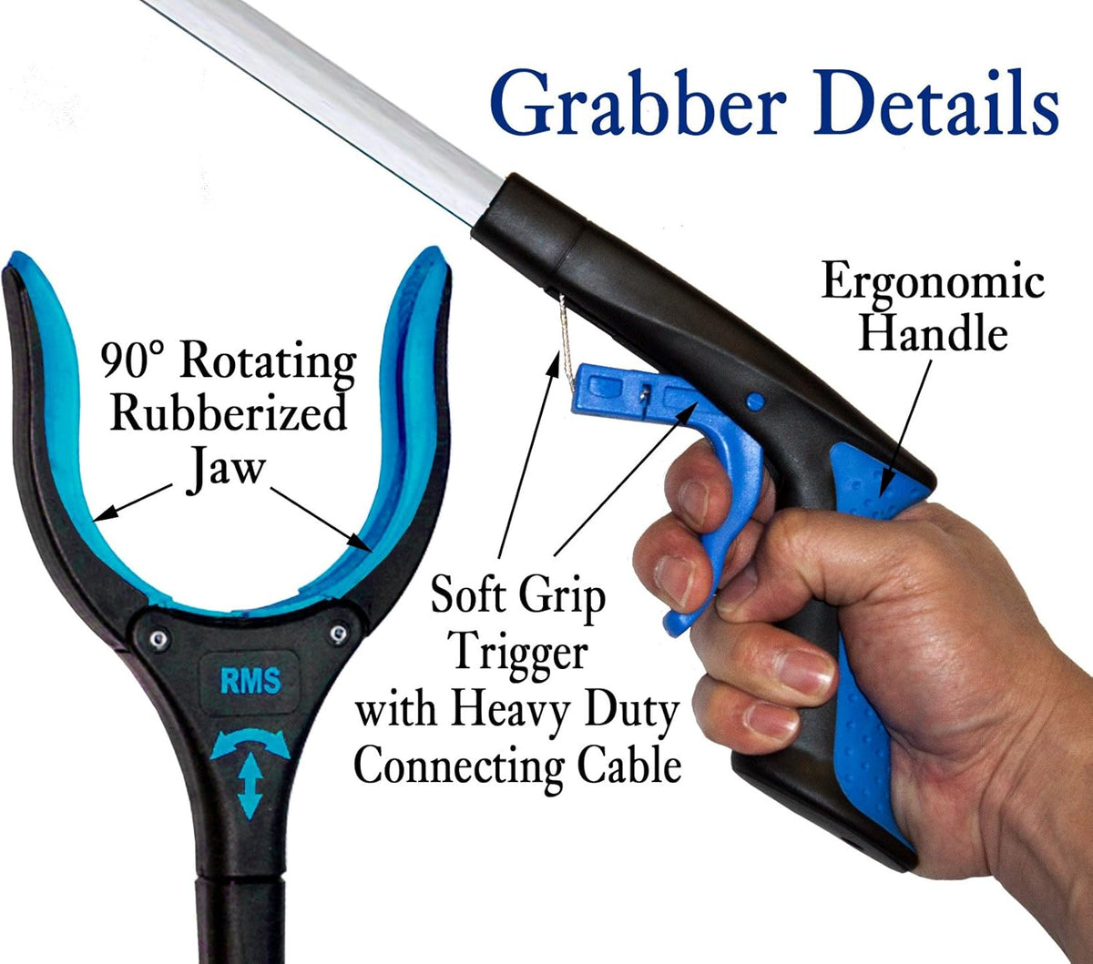RMS 2-Pack 32 Inch Extra Long Grabber Reacher with Rotating Jaw - Mobility Aid Reaching Assist Tool
