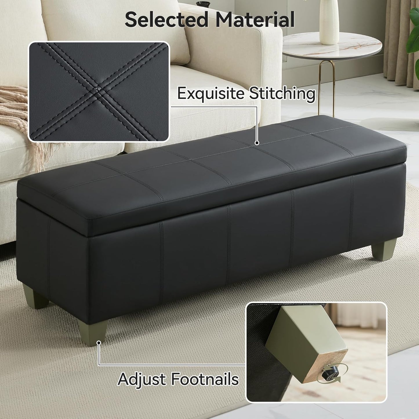 51" Faux Leather Storage Ottoman, Stitch Tufted Rectangle Upholstered End of Bed Storage Bench