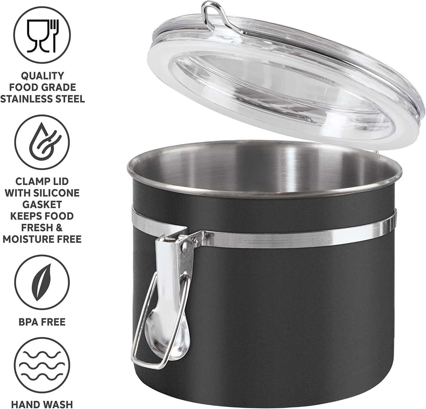 Oggi Stainless Steel Kitchen Canister 26 fl oz, Black - Airtight Clamp Lid, Clear See-Thru Top