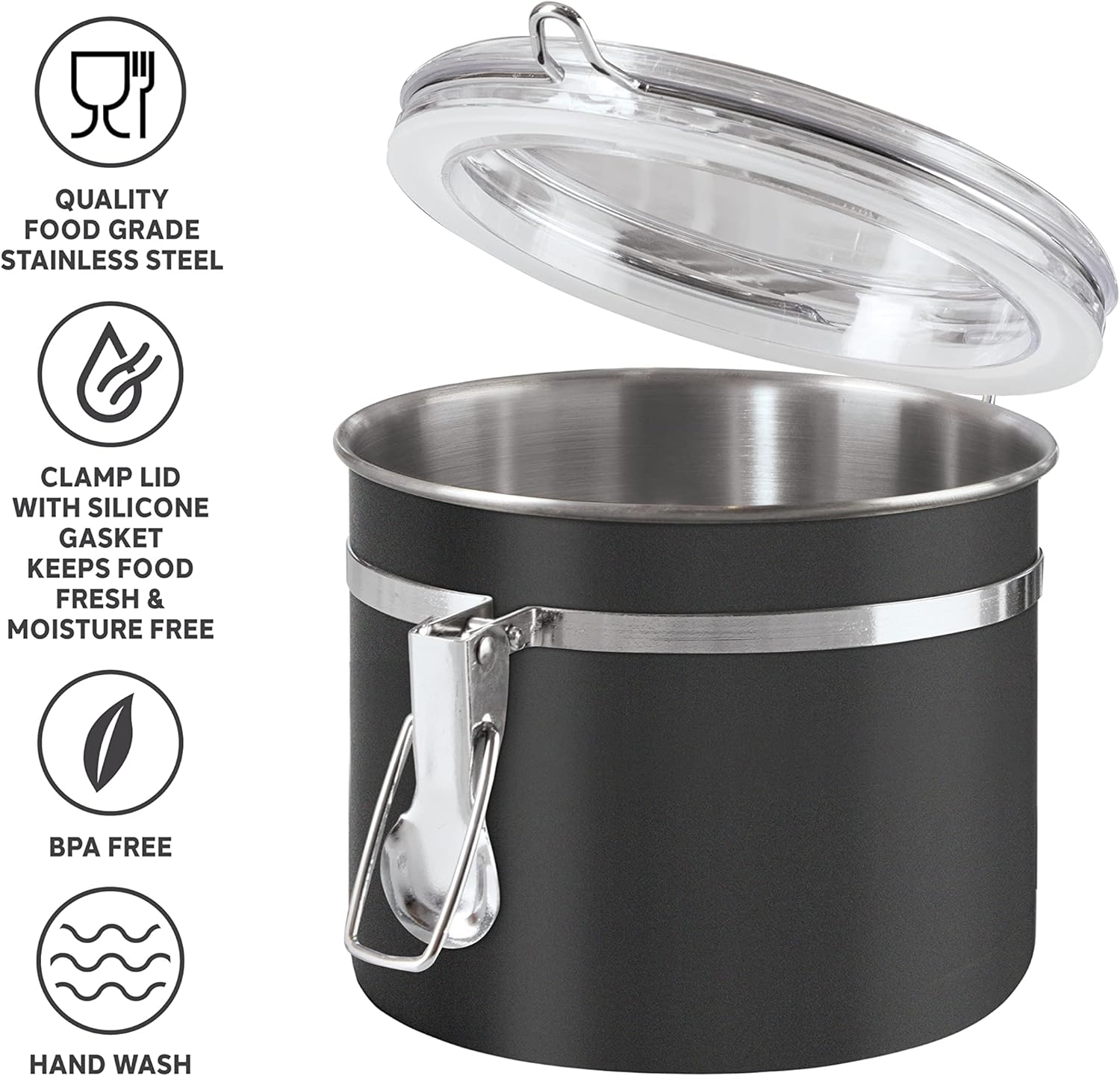 Oggi Stainless Steel Kitchen Canister 26 fl oz, Black - Airtight Clamp Lid, Clear See-Thru Top
