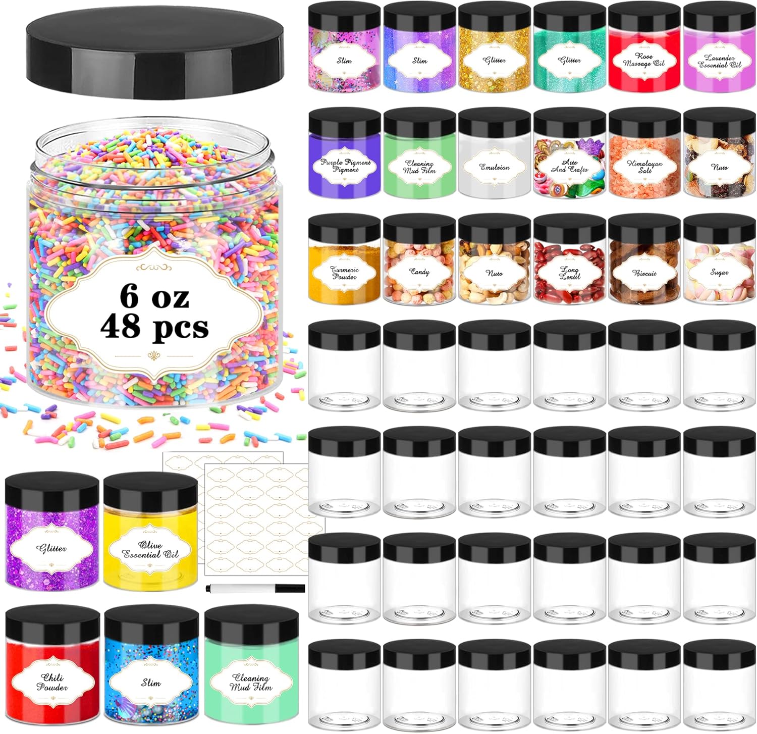 Plastic Jars with Lids, 48 Pcs 6 OZ Slime Containers with Screw On Lids Clear Round Plastic Storage