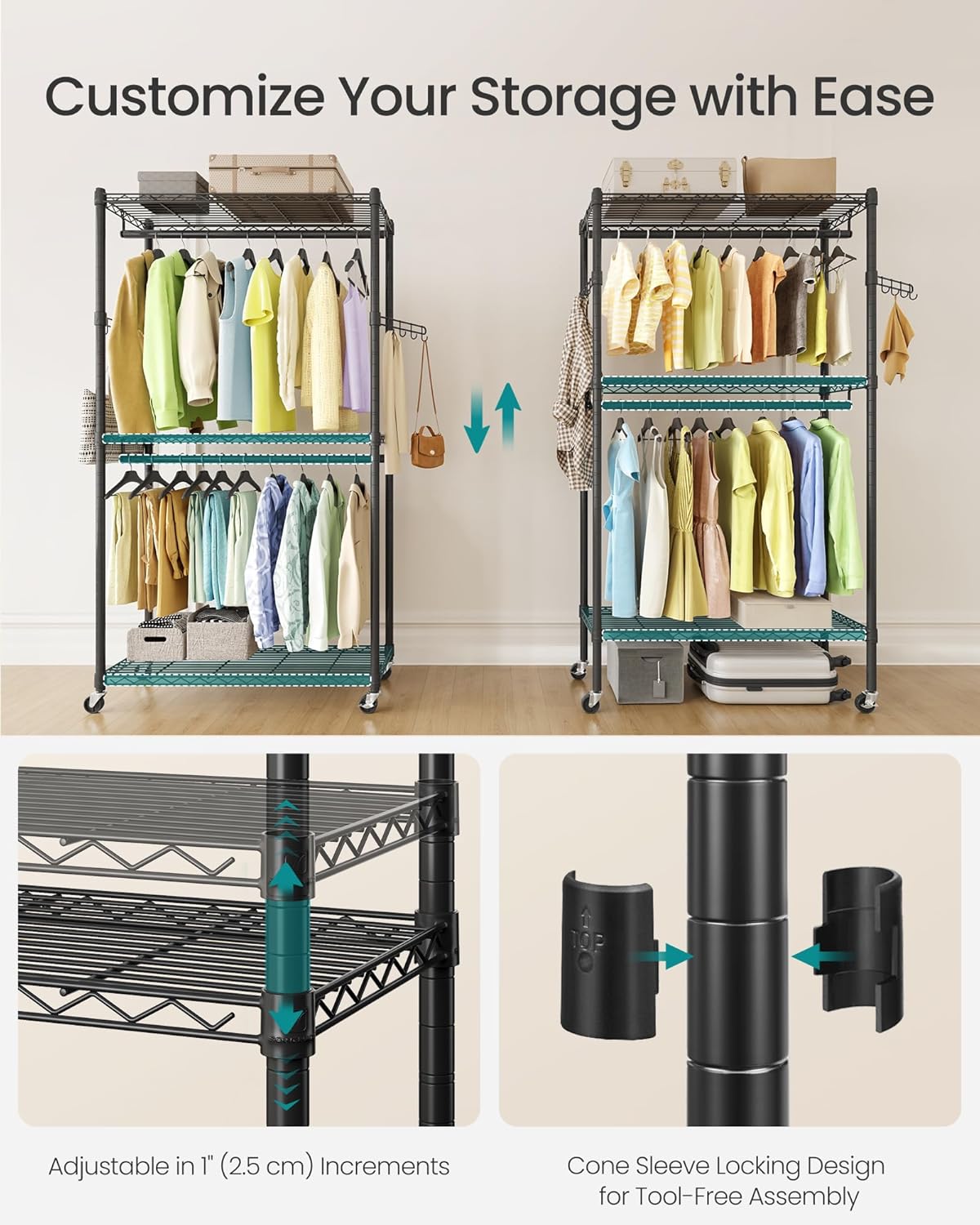 SONGMICS Heavy-Duty Rolling Clothes Rack, Garment Rack, Portable Closet, 35.4-Inch Wide Clothing
