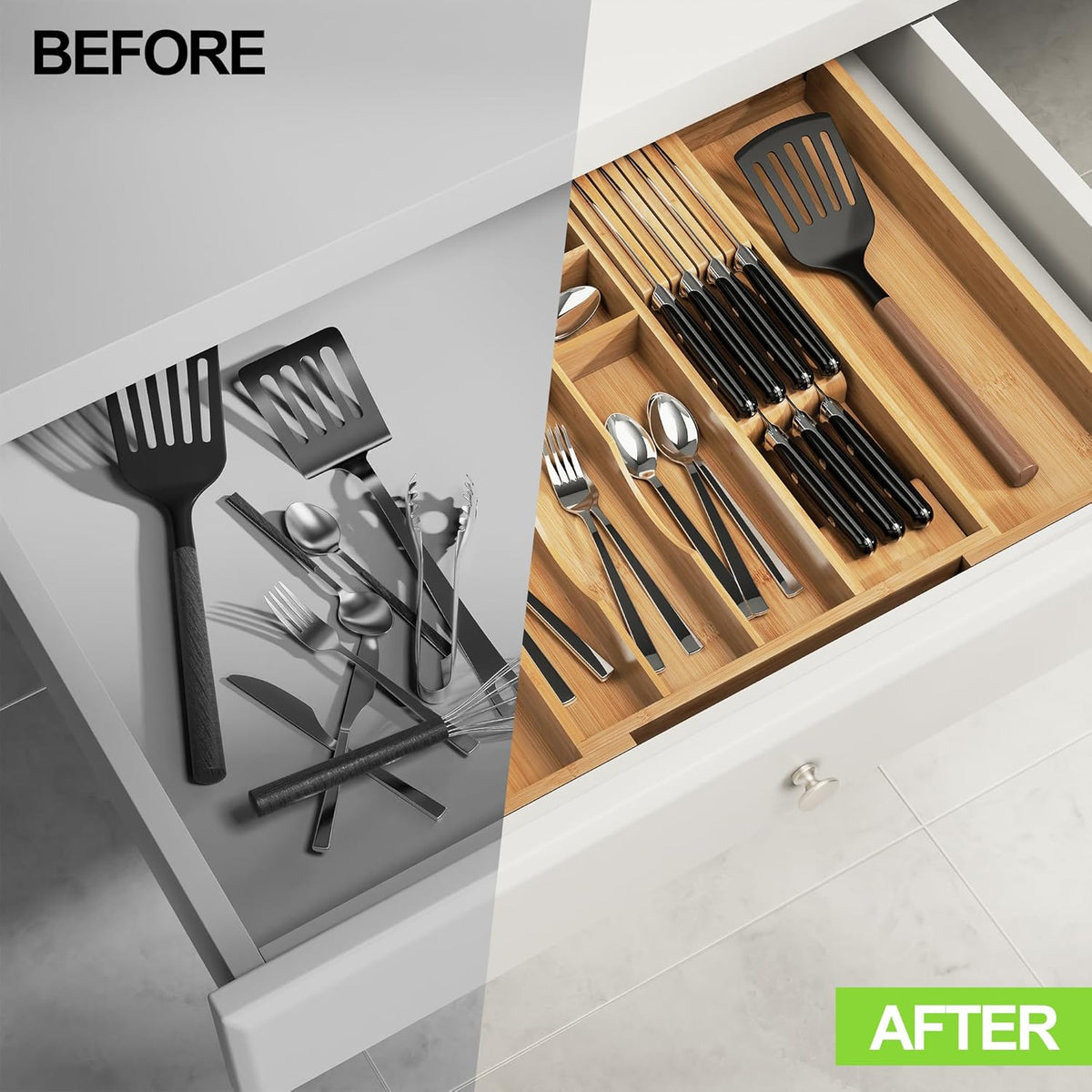 Bamboo Kitchen Drawer Organizer, Expandable Utensil Organizer with Removable Knife Block, Cutlery