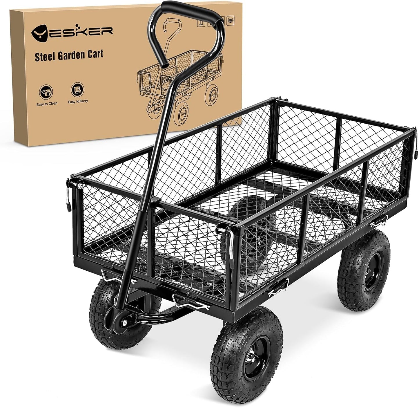 Yesker Steel Garden Carts - 800lbs Dump Wagon with All Terrain Inflatable Wheels for Yard Lawn
