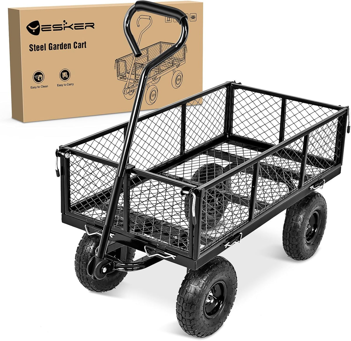 Yesker Steel Garden Carts - 800lbs Dump Wagon with All Terrain Inflatable Wheels for Yard Lawn