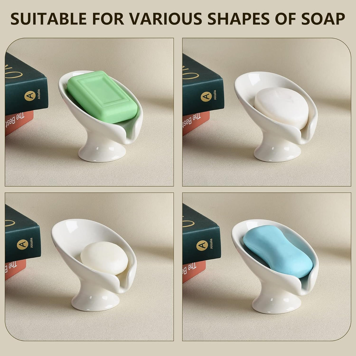 Soap Dish Set, Self Draining Bar Soap Holder for Bathroom Sink, Leaf Shaped Drainage Soap Dish