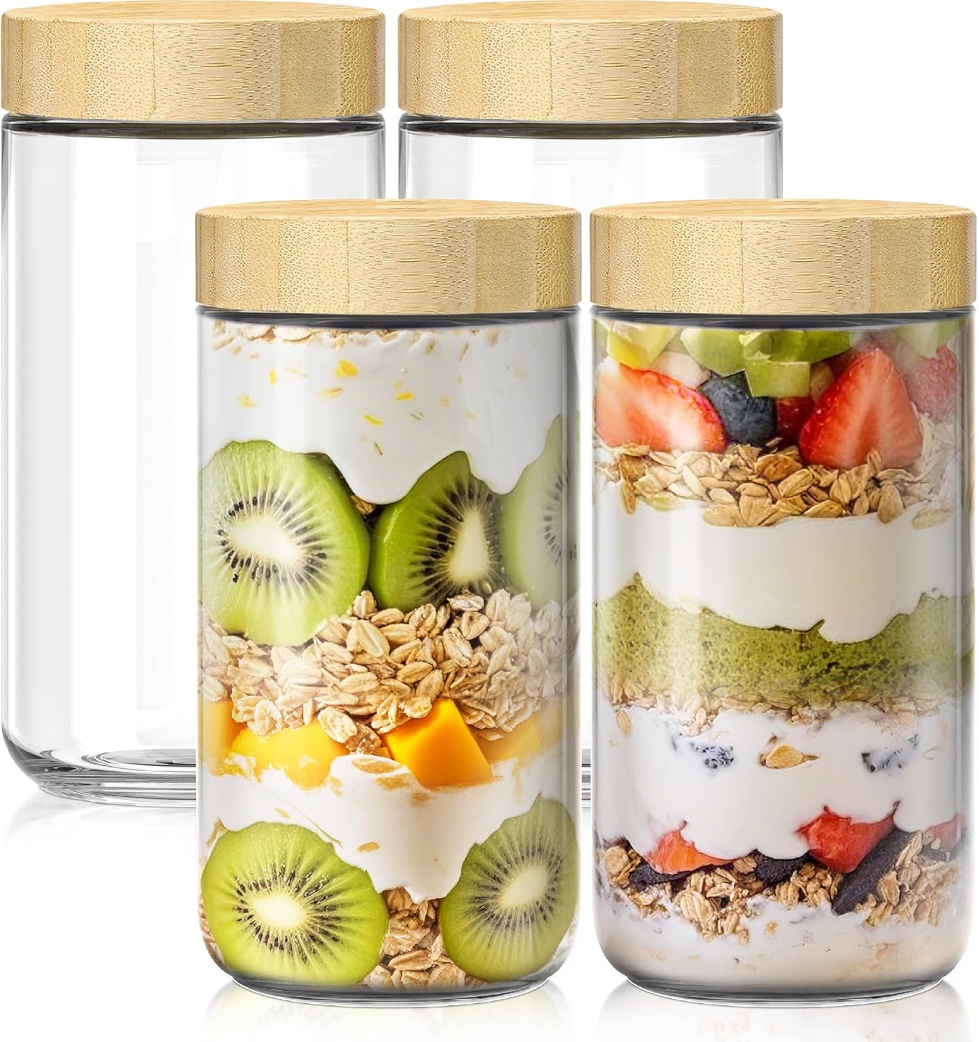 4 pack 24oz Overnight Oats Containers with Bamboo Lids, Glass Jars with Airtight Lids for Meal