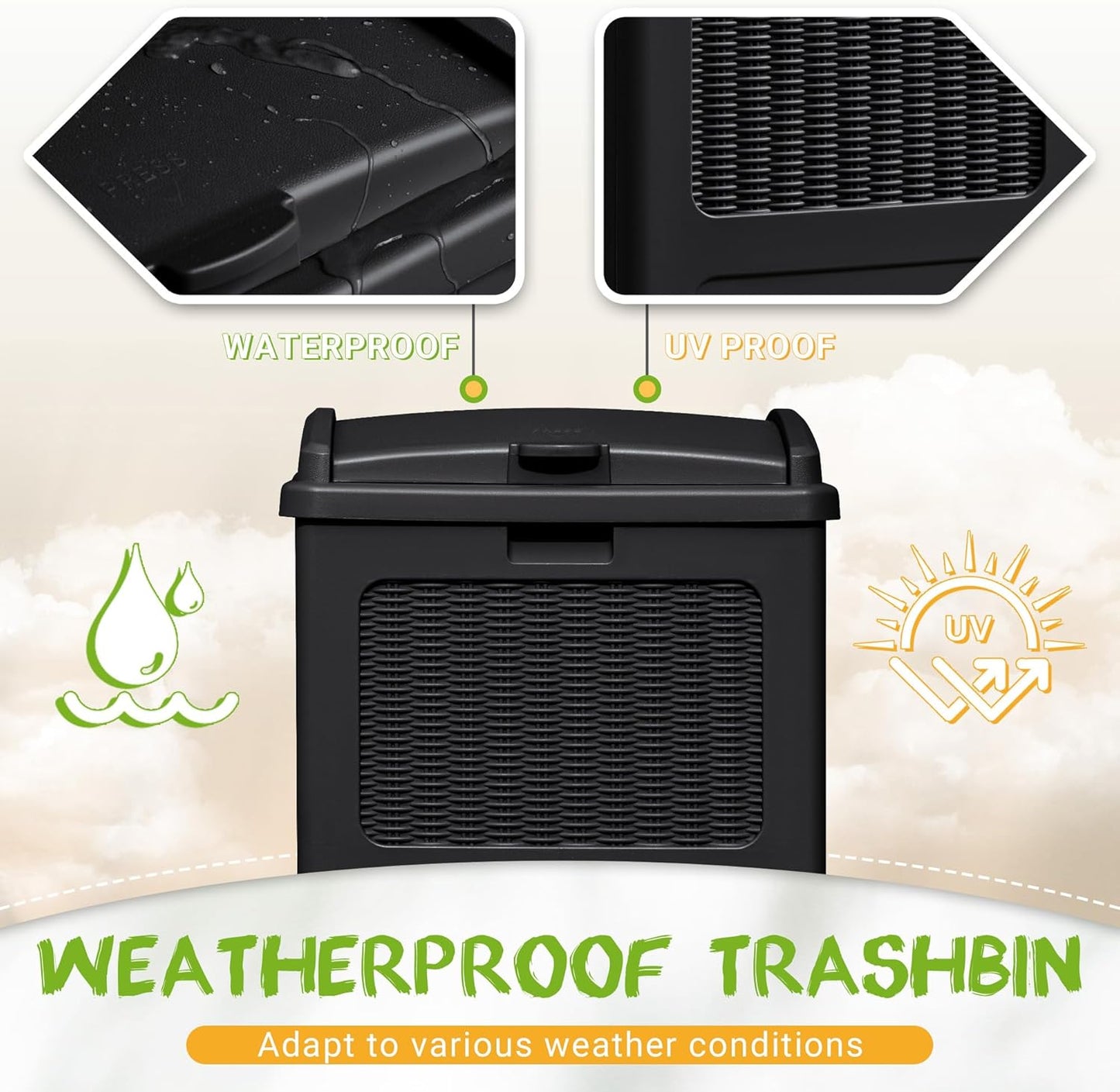 YESHOMY 33 Gallon Resin Outdoor Trash Can with Lid, Hideaway Waterproof Patio Garbage Bin, Black