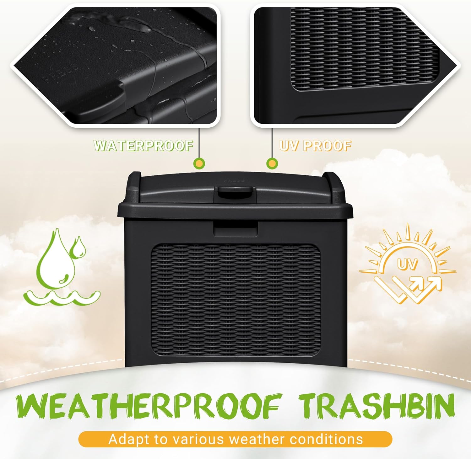 YESHOMY 2 Pack Outdoor Trash Can with Lid, Garbage Bins for Garden, Porch, Home and Kitchen, Black