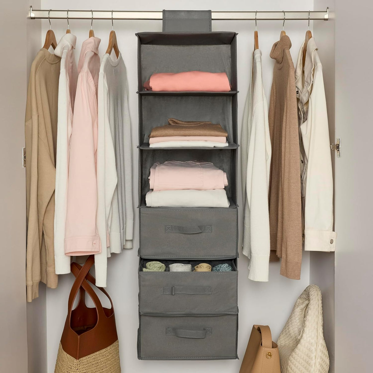 Amazon Basics 6-Tier Hanging Shelf Closet Storage Organizer with Removable Drawers, Grey, 6.9"D x
