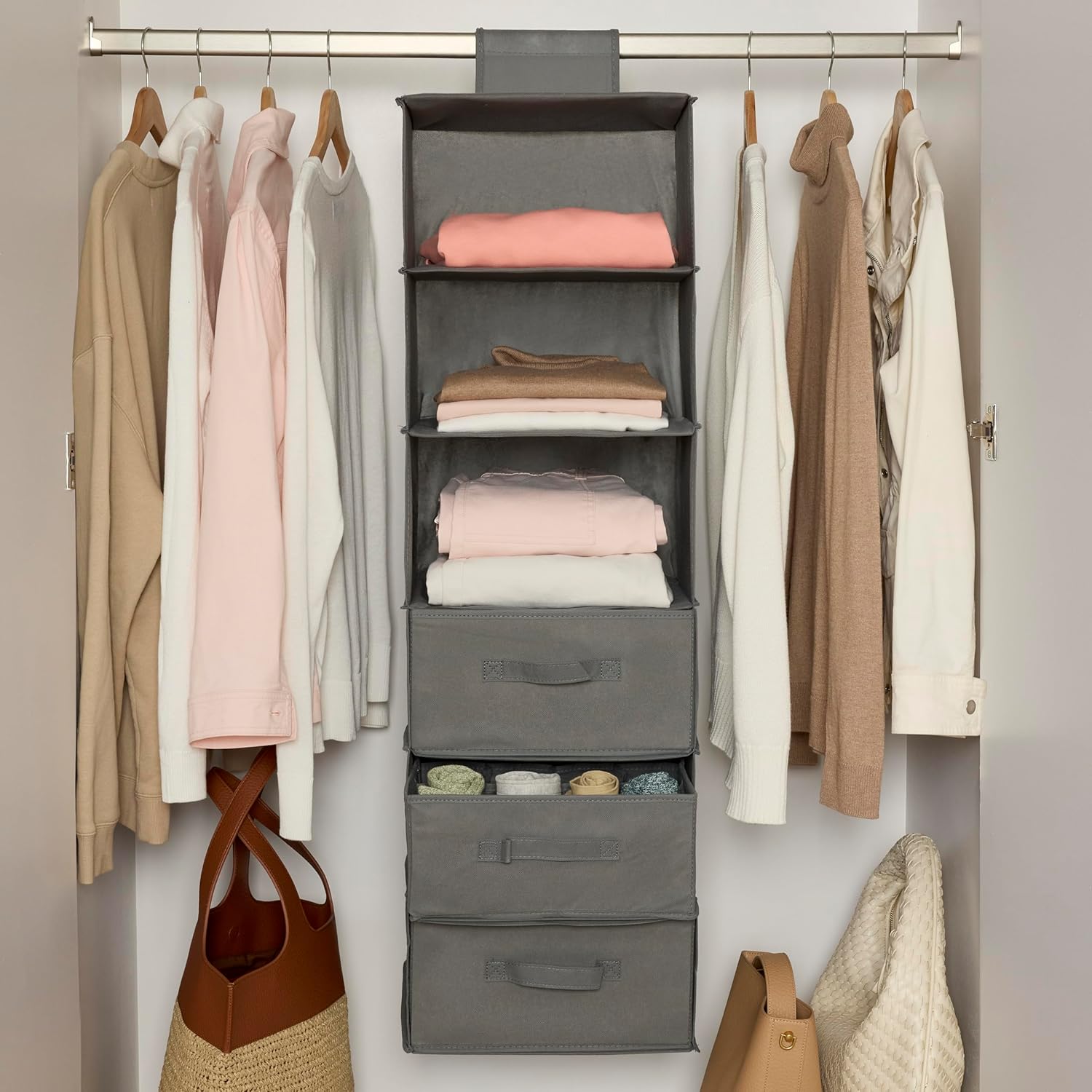 Amazon Basics 6-Tier Hanging Shelf Closet Storage Organizer with Removable Drawers, Grey, 6.9"D x