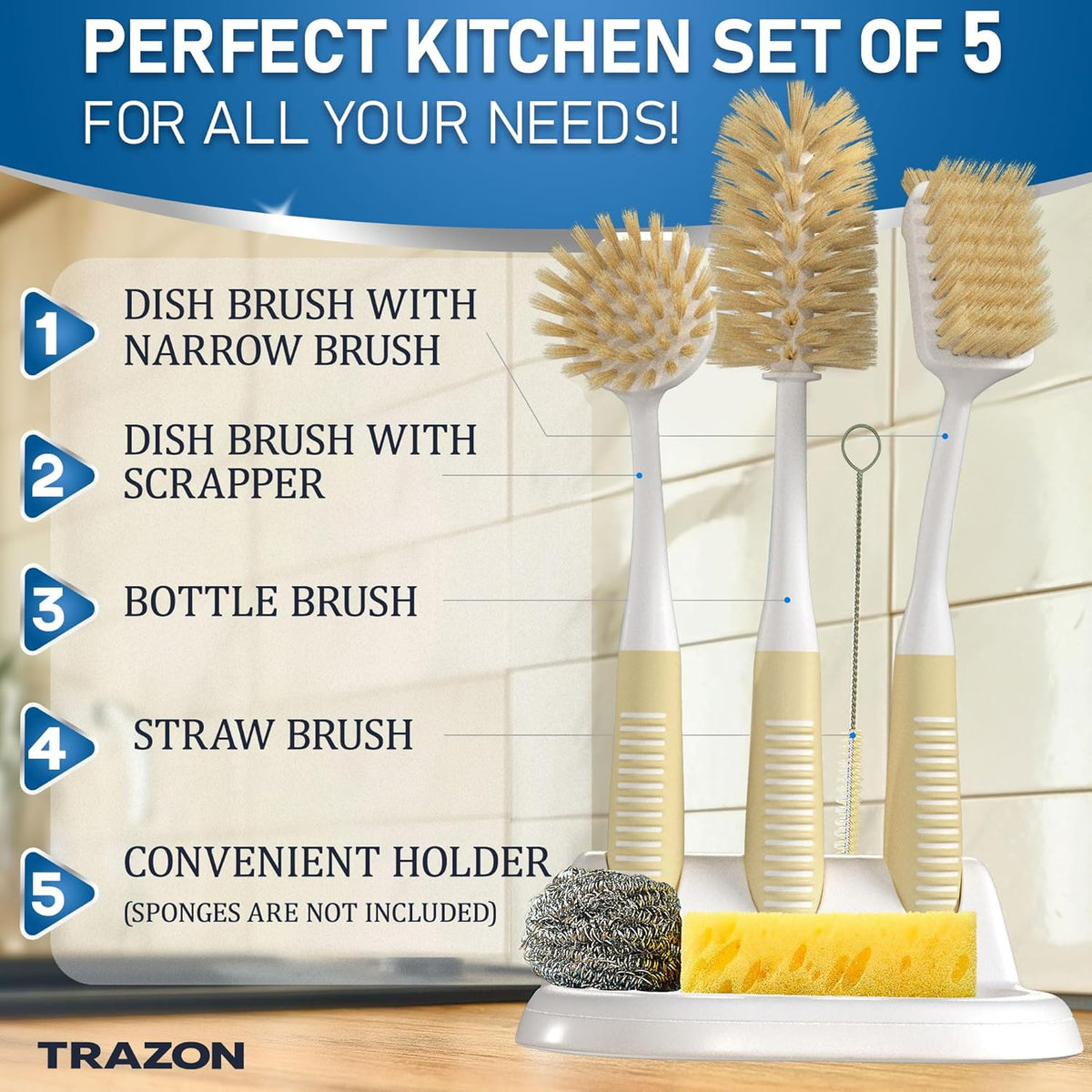 Dish Brush Set of 5 with Holder - Kitchen Scrub Brushes with Non-Slip Long Handle for Cleaning