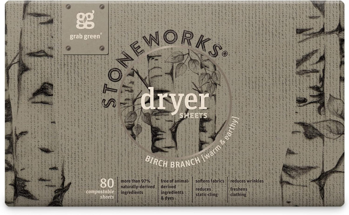Grab Green Stoneworks Laundry Detergent Pods and Dryer Sheet Bundle, 50 Count Pods and 80 Dryer