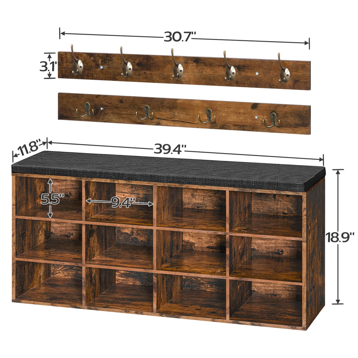 HOOBRO Shoe Storage Bench with Cushion, 39.4" L Entryway Bench with 12 Cubbies, Entryway Hall Tree
