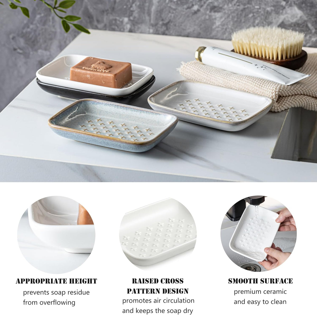 Gomakren Soap Dish, Shower Soap Holder, Ceramic Soap Dishes for Bar Soap Sponge Shampoo, Soap Saver