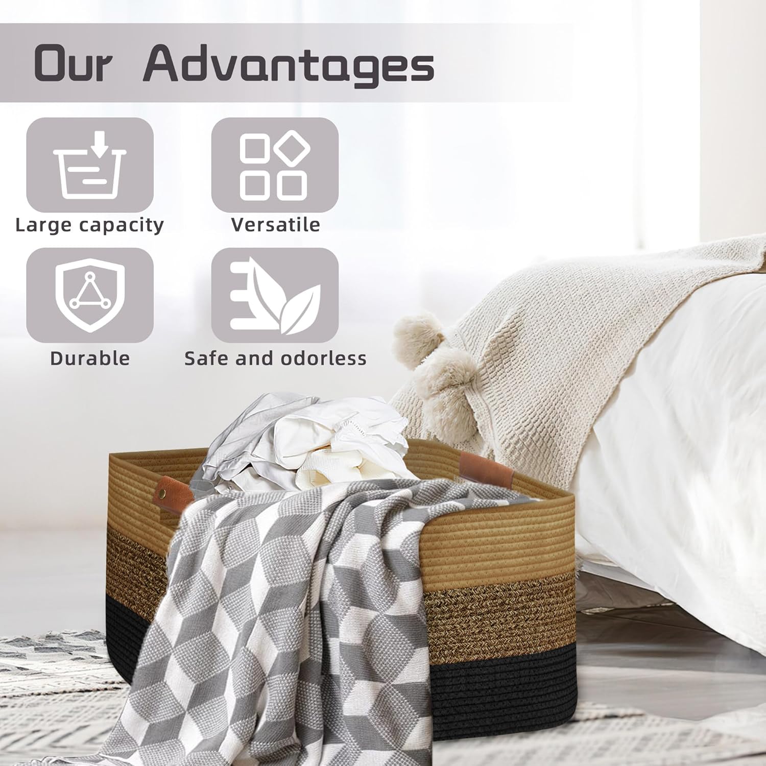 Large Collapsible Laundry Basket, Clothes Hamper for Blanket, Toy, Towels, Woven Baskets for