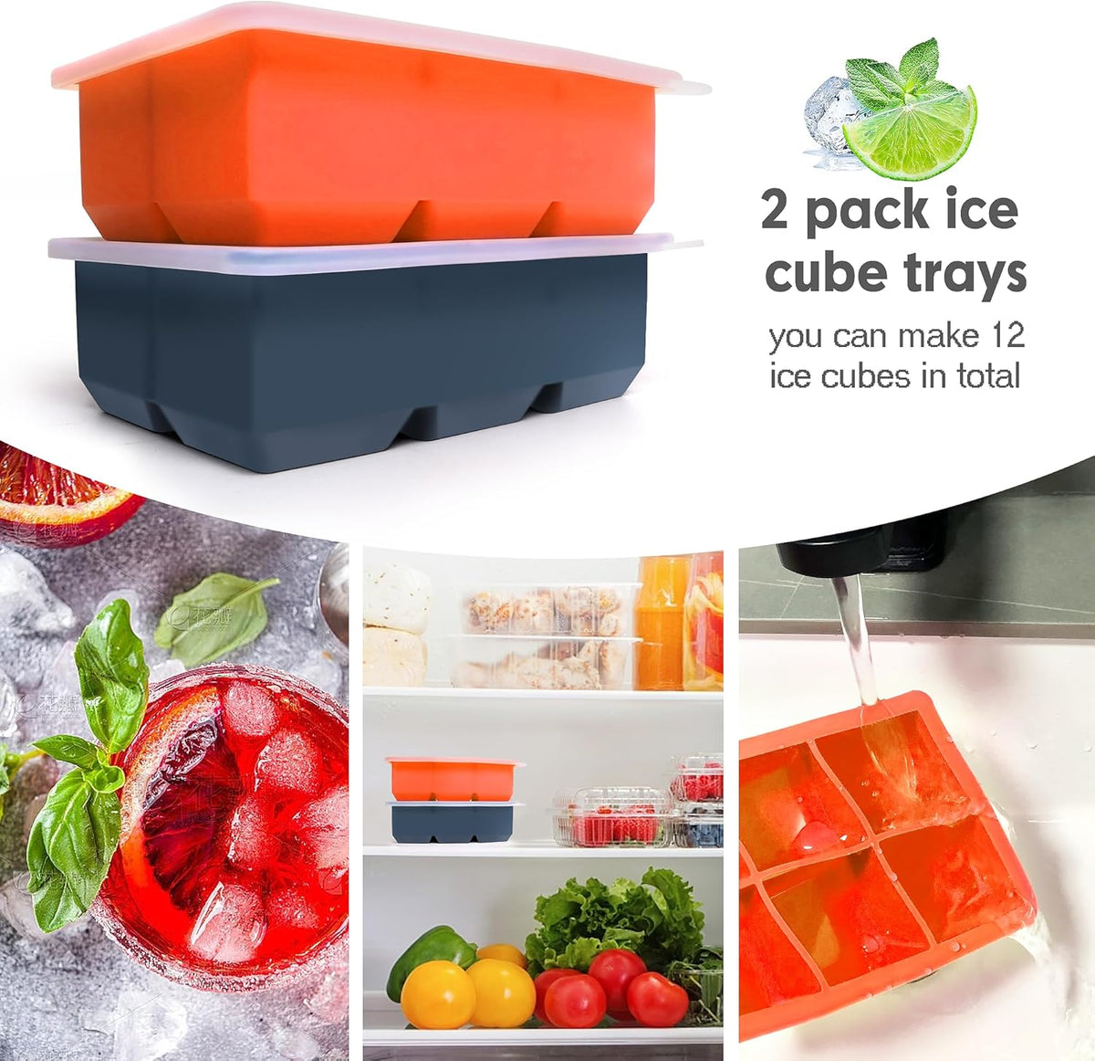 Silicone Ice Cube Trays with Lids,Large Square Ice Cube Molds for Freezer, Whiskey, Cocktail