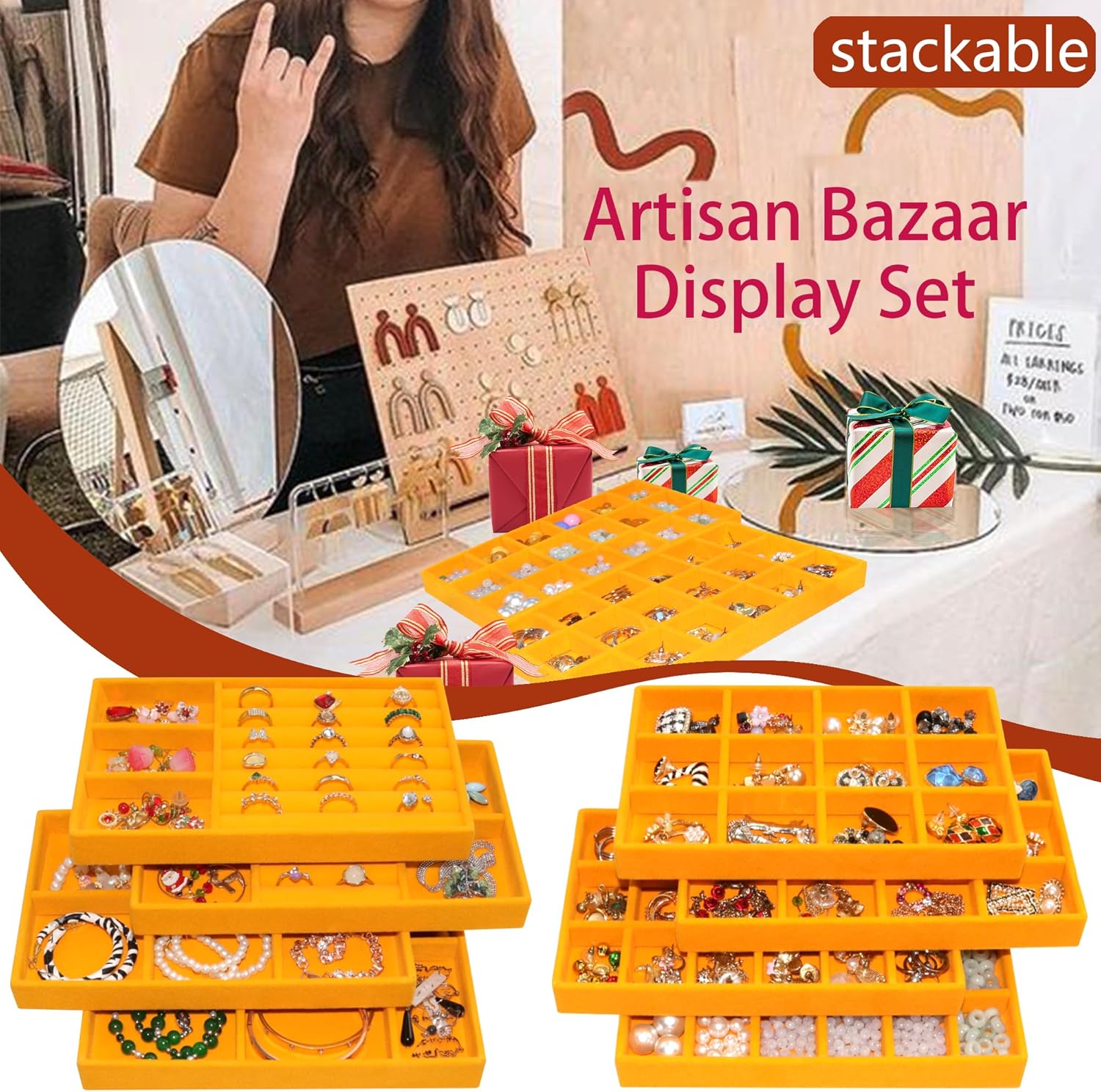 Set of 8 Stackable Velvet Jewelry Trays Organizer Jewelry Display Storage Box Dresser Drawer