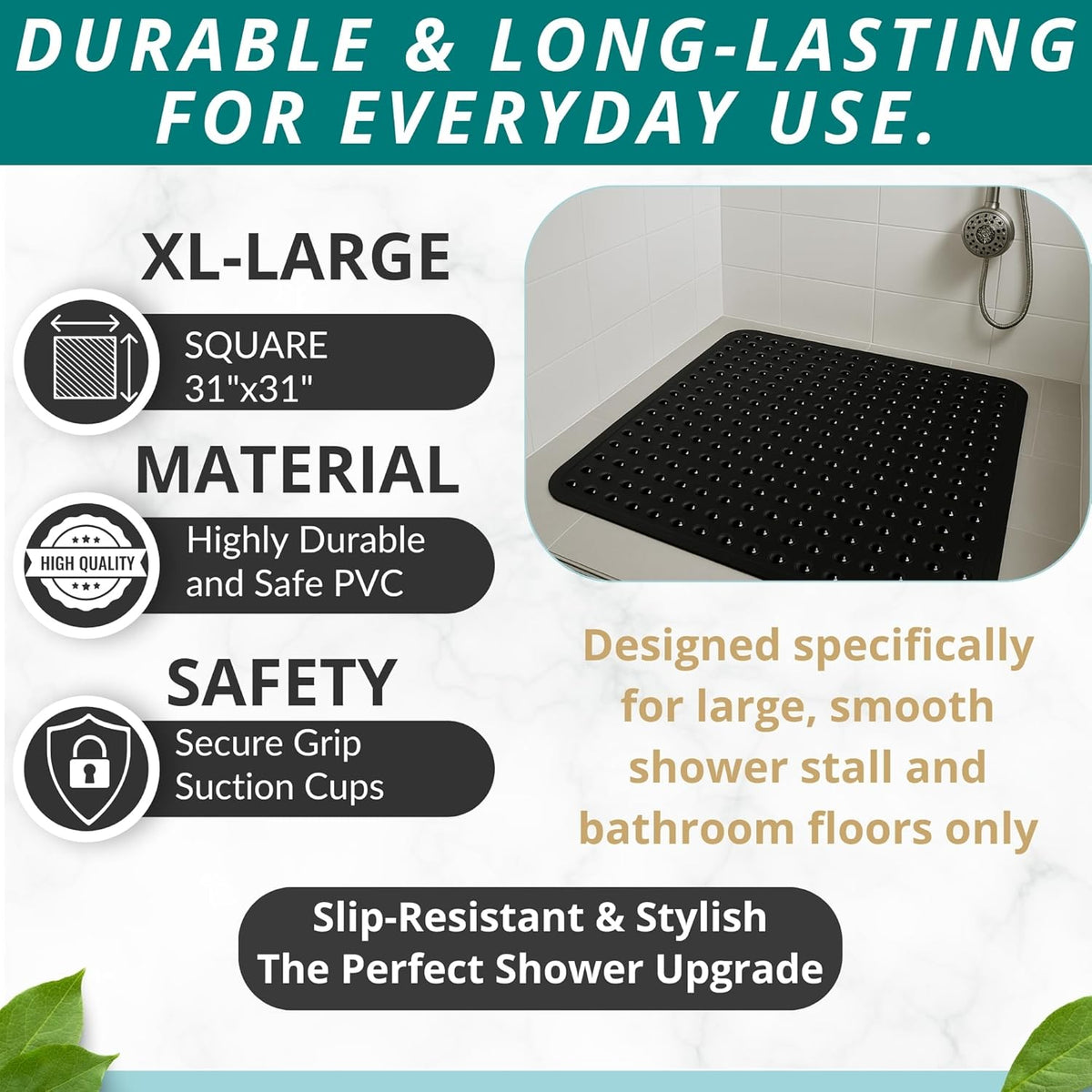 ENKOSI Extra Large Square Non Slip Shower Mat - 31 x 31-inch XL Bathroom Shower Mat - Square Shower