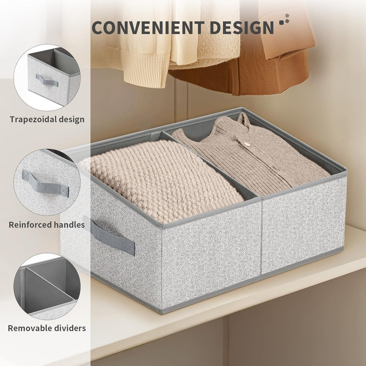 DIMJ Large Closet Shelf Organizer Bins 6 Packs with Handles and Divider, Fabric Trapezoid Storage