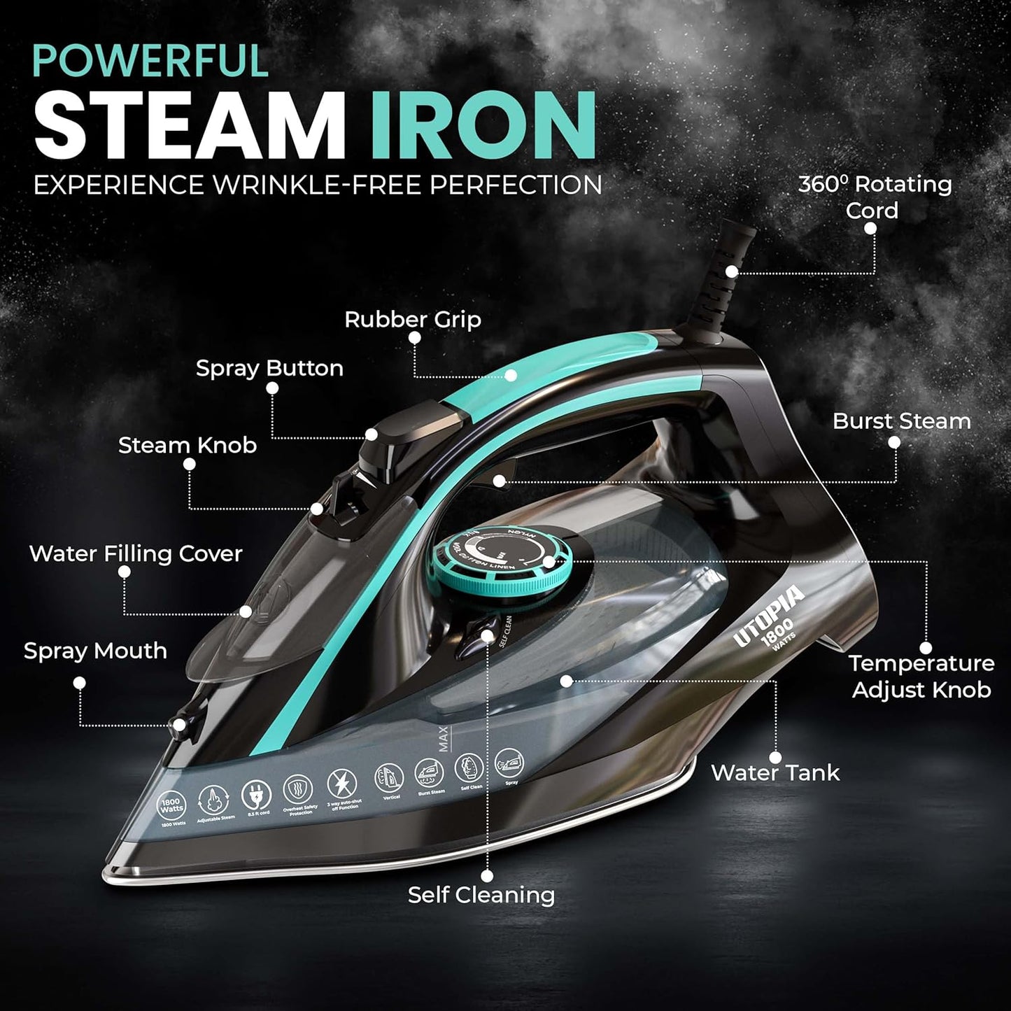 Utopia Home Steam Iron for Clothes - Non-Stick Soleplate - 1800W Clothes Iron With Auto-Off Safety