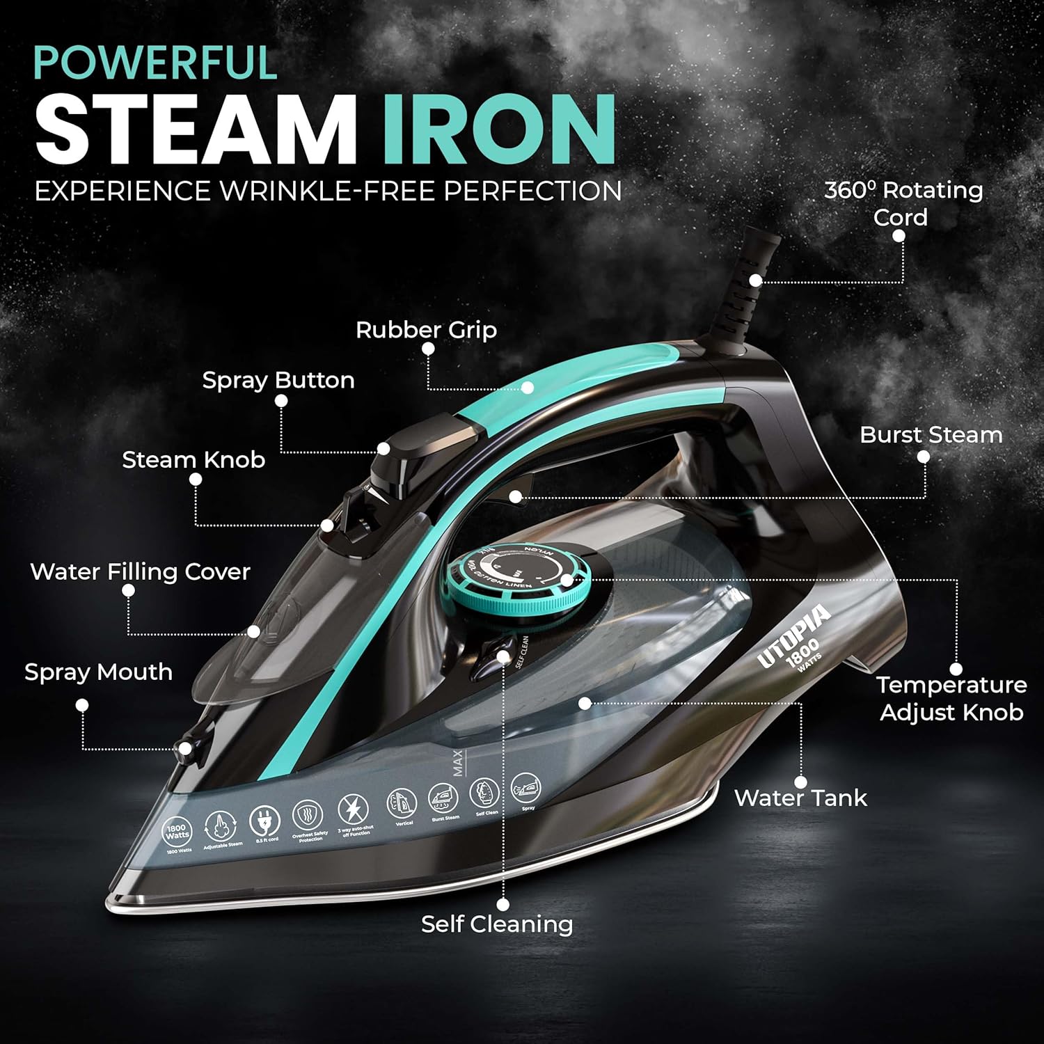 Utopia Home Steam Iron for Clothes - Non-Stick Soleplate - 1800W Clothes Iron With Auto-Off Safety