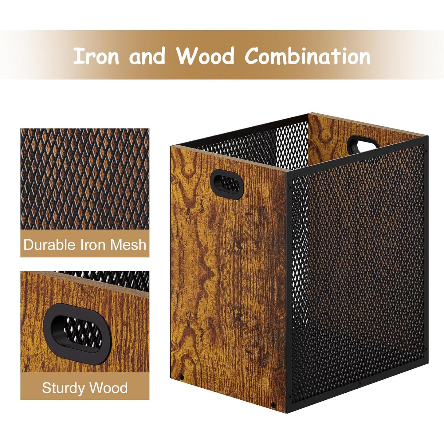 Retro Office Trash Can, Iron and Wood Combination Bedroom Garbage Can, Rectangular Design