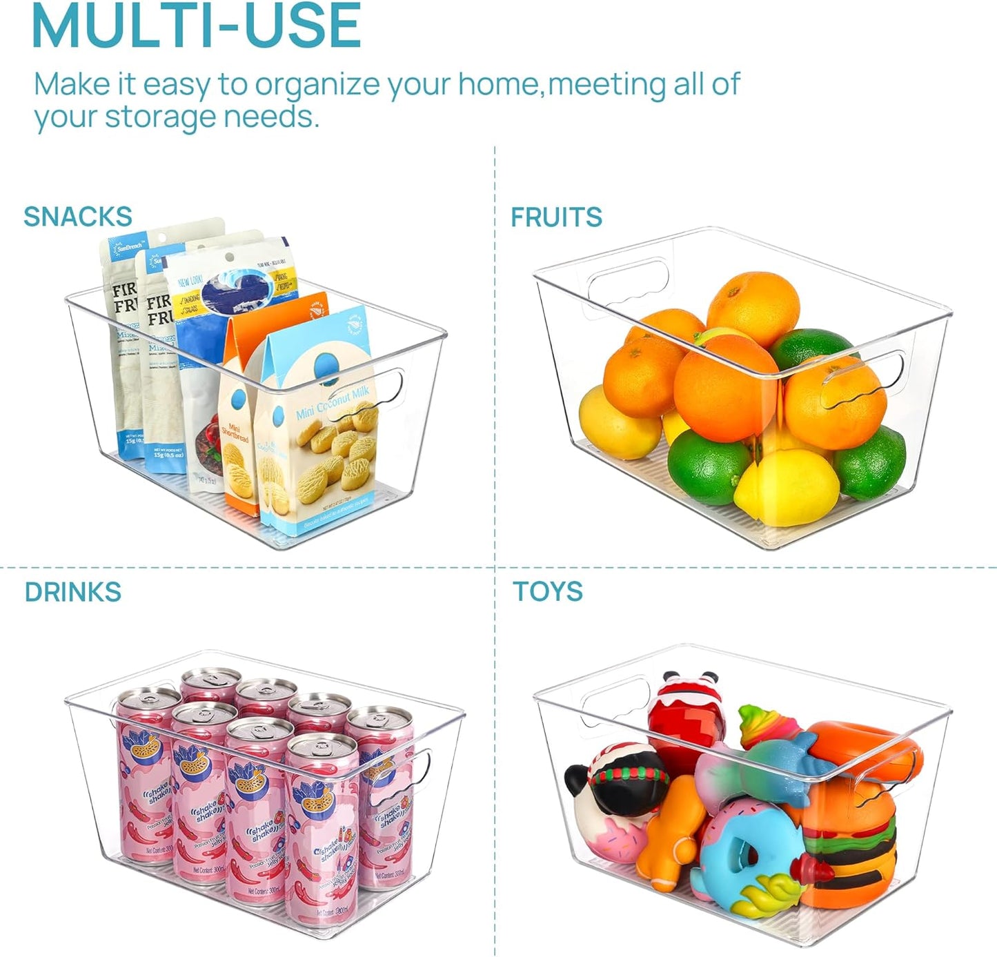 Vtopmart Clear Plastic Pantry Organizer Bins, 6 PCS Food Storage Bins with Handle for Refrigerator