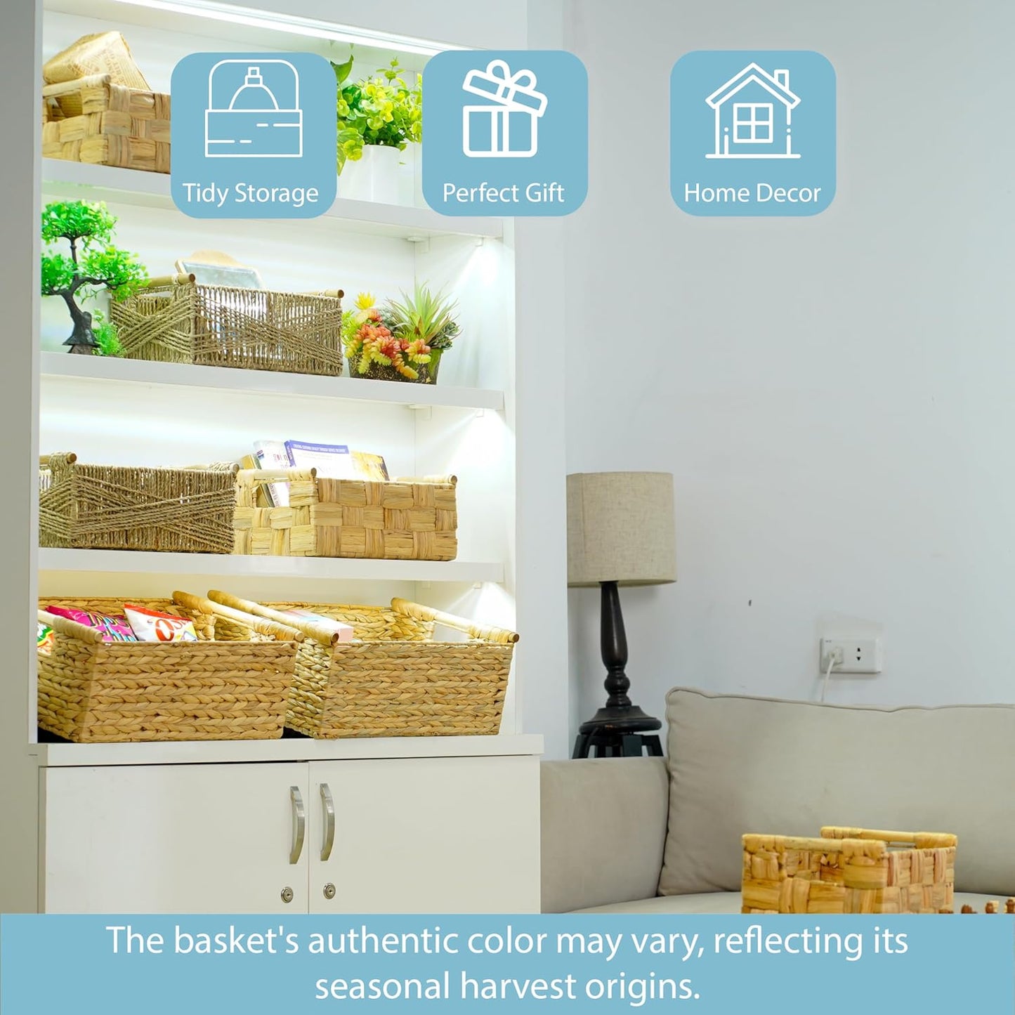 VATIMA Extra Large Wicker Basket Rectangular with Wooden Handles for Shelves, Water Hyacinth Basket